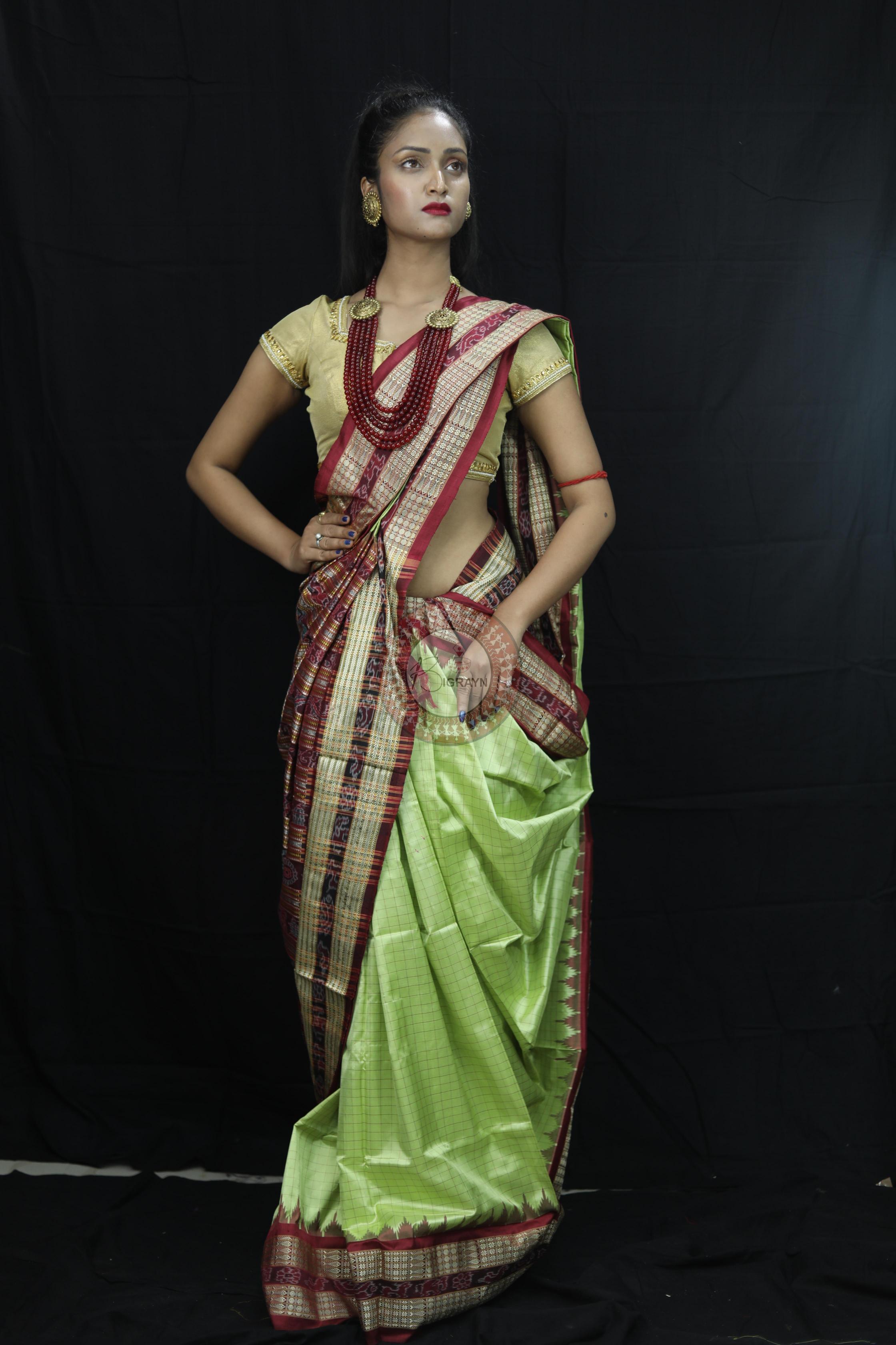 Pista Green Checks Sambalpuri Silk Saree