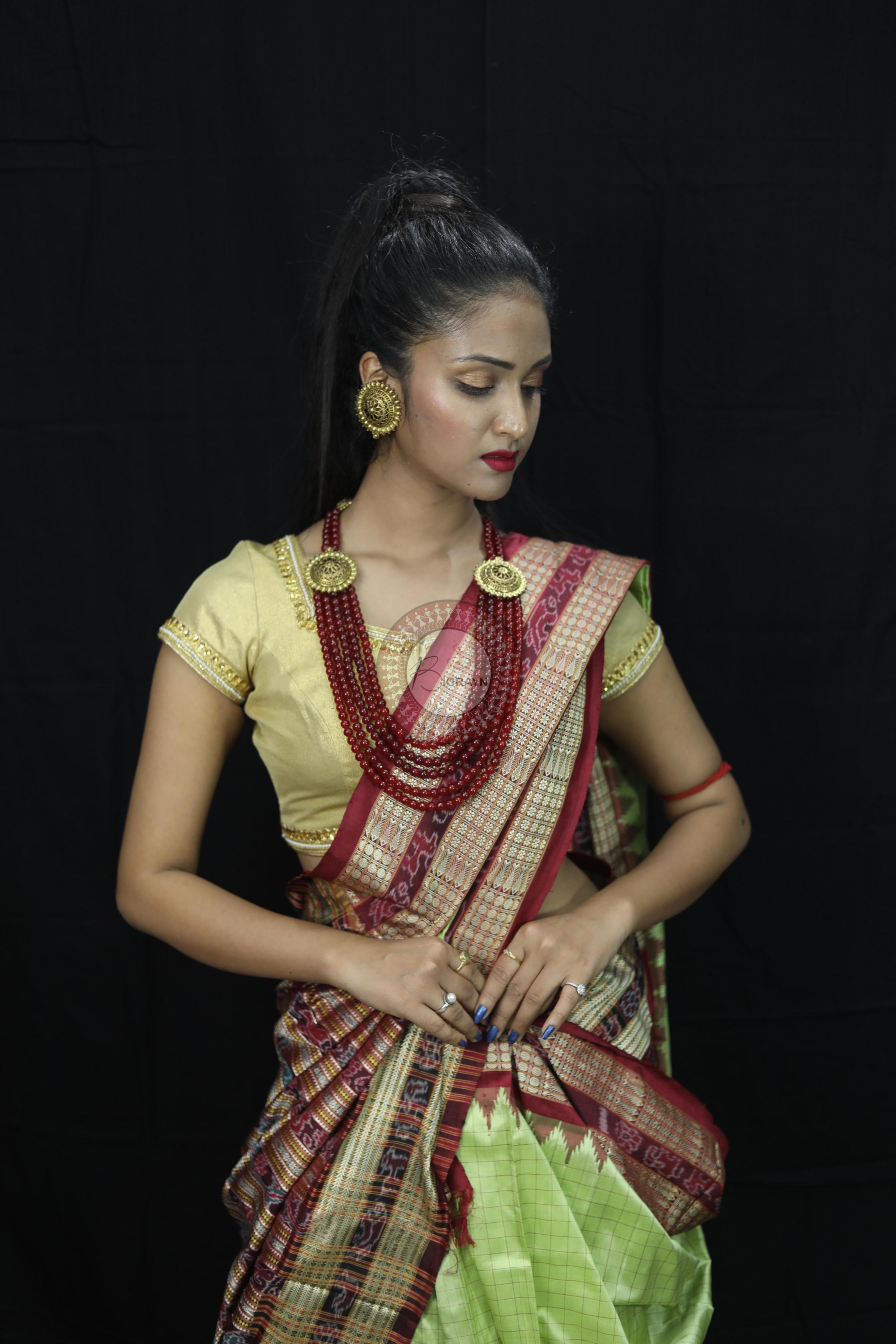Pista Green Checks Sambalpuri Silk Saree
