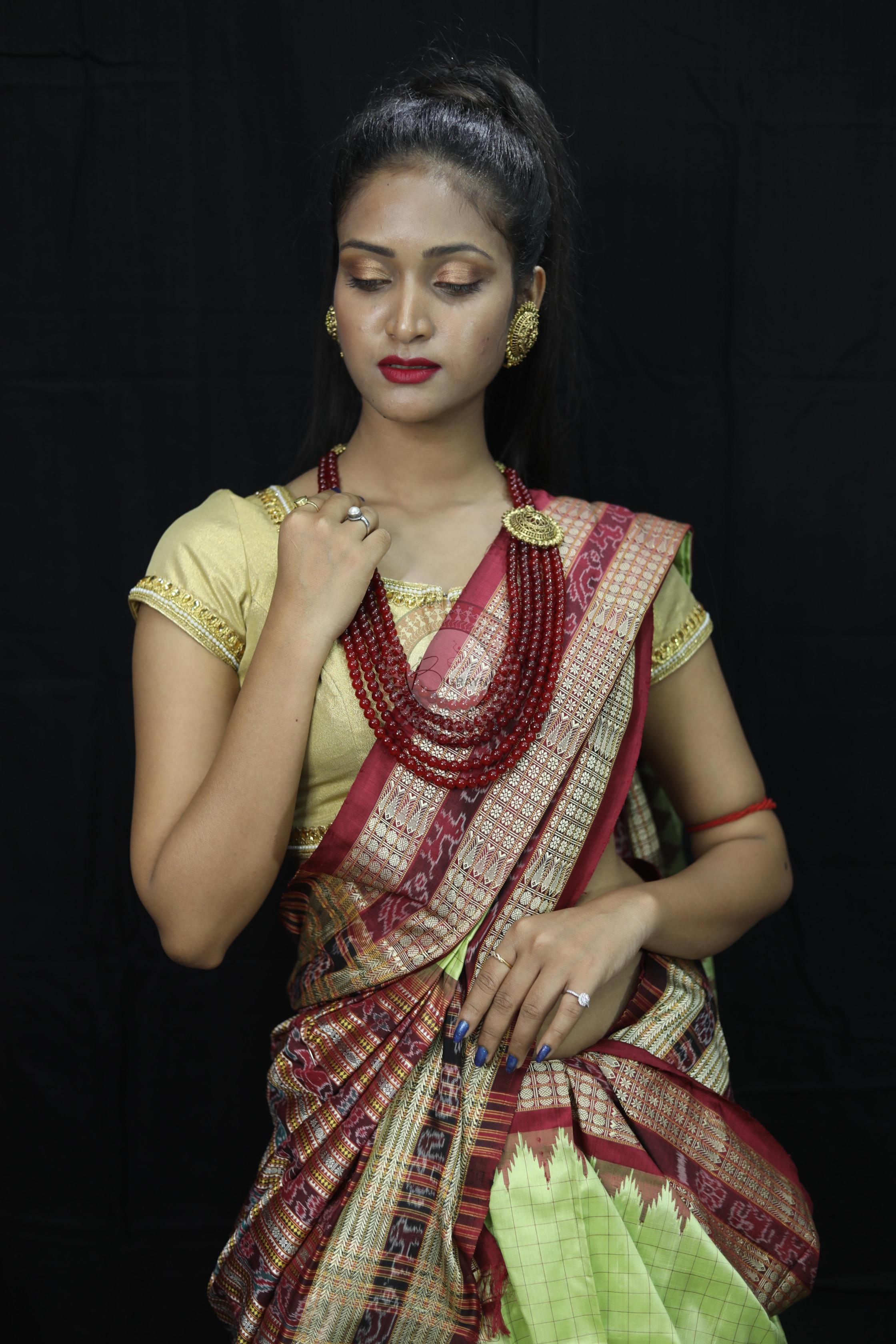 Pista Green Checks Sambalpuri Silk Saree