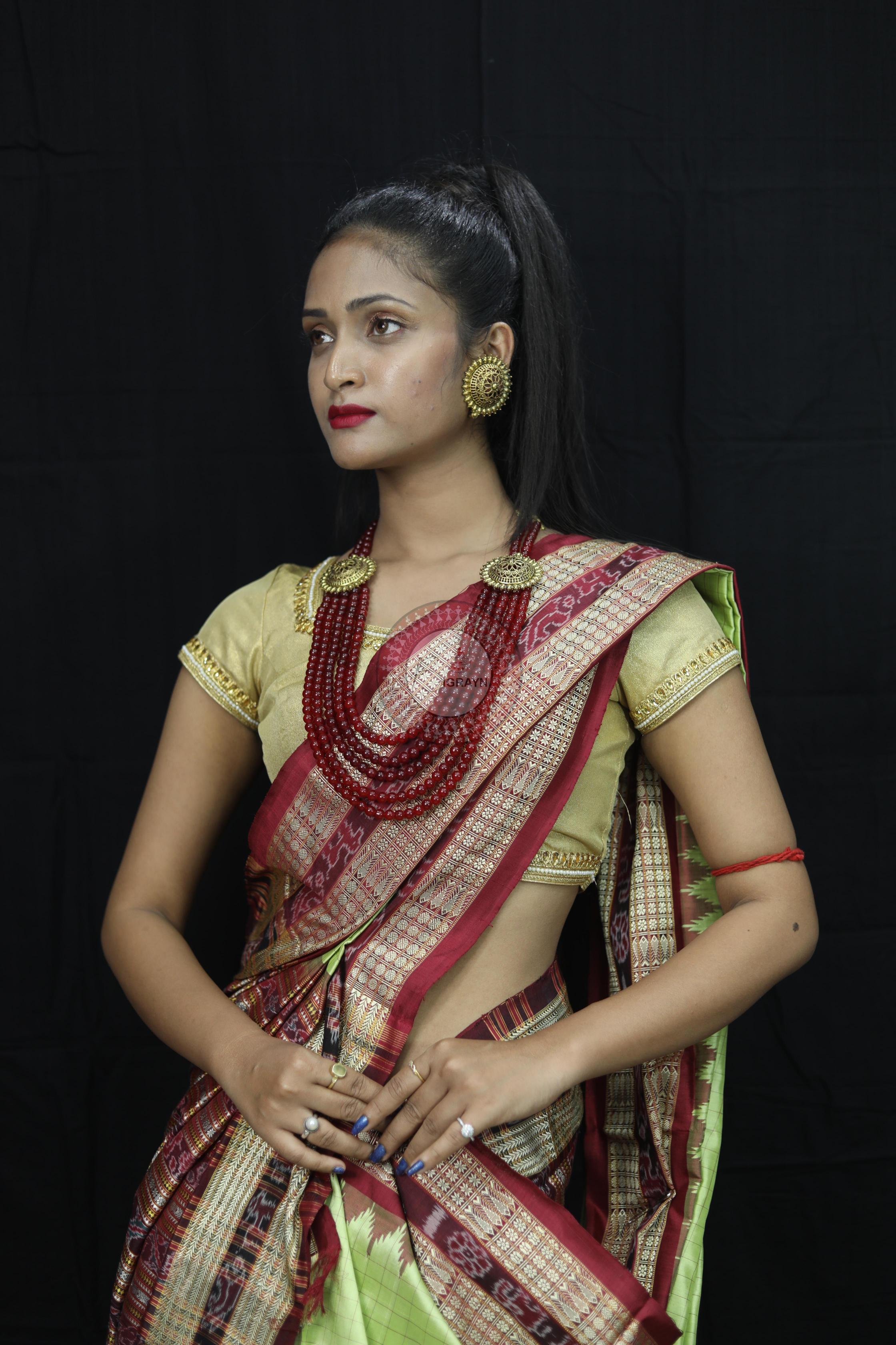 Pista Green Checks Sambalpuri Silk Saree