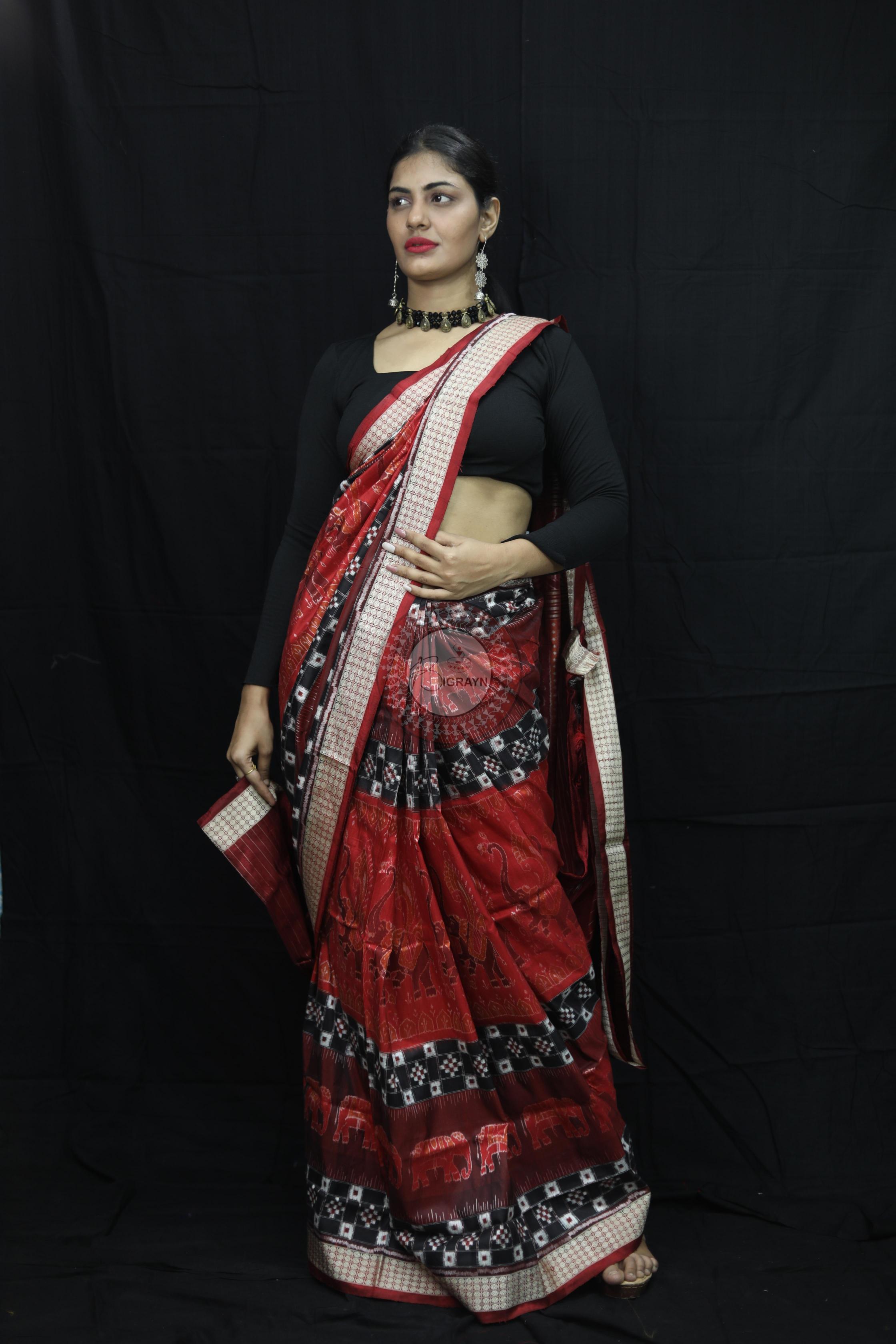 Maroon Pasapali Dual Elephants Sambalpuri Silk Saree