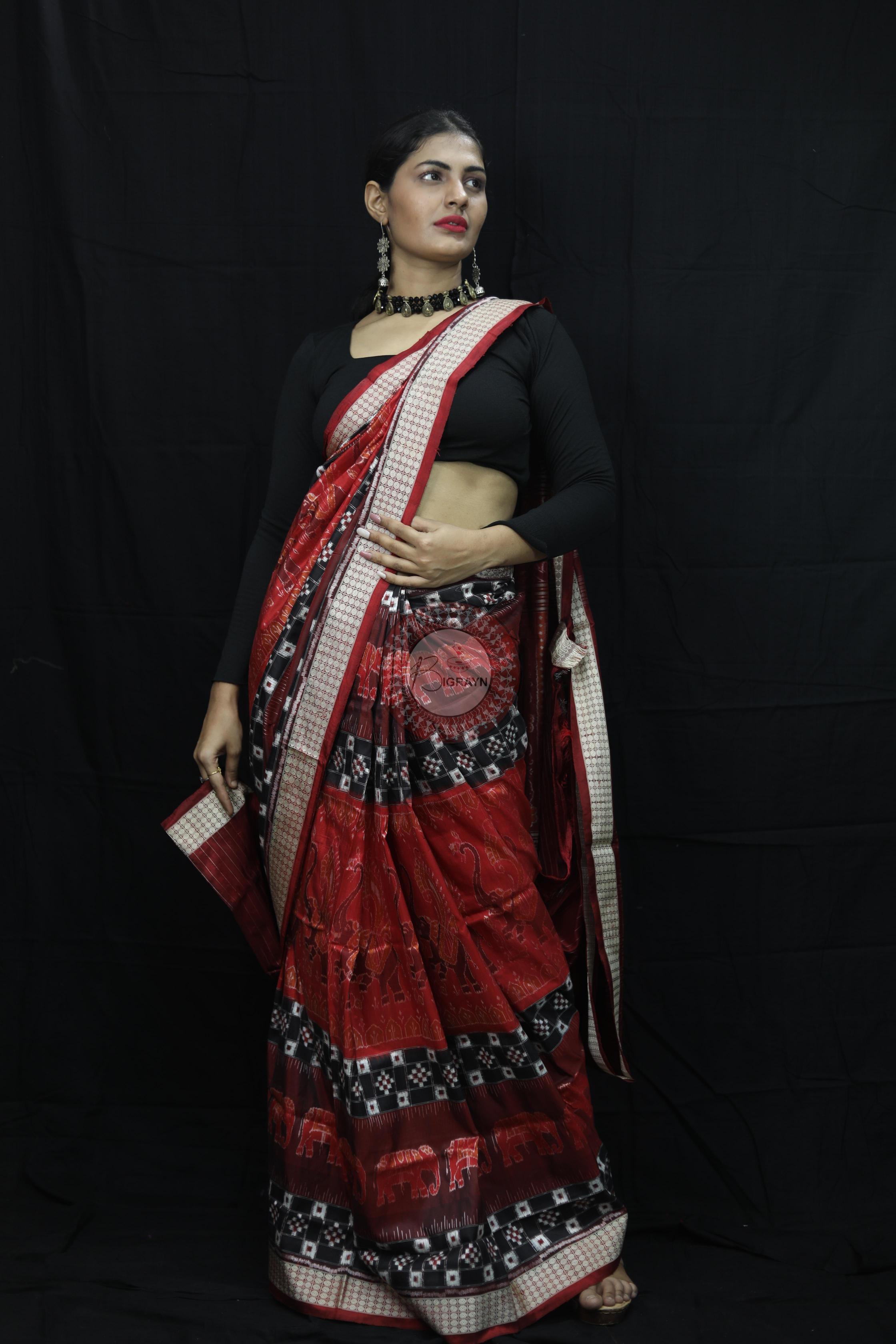 Maroon Pasapali Dual Elephants Sambalpuri Silk Saree