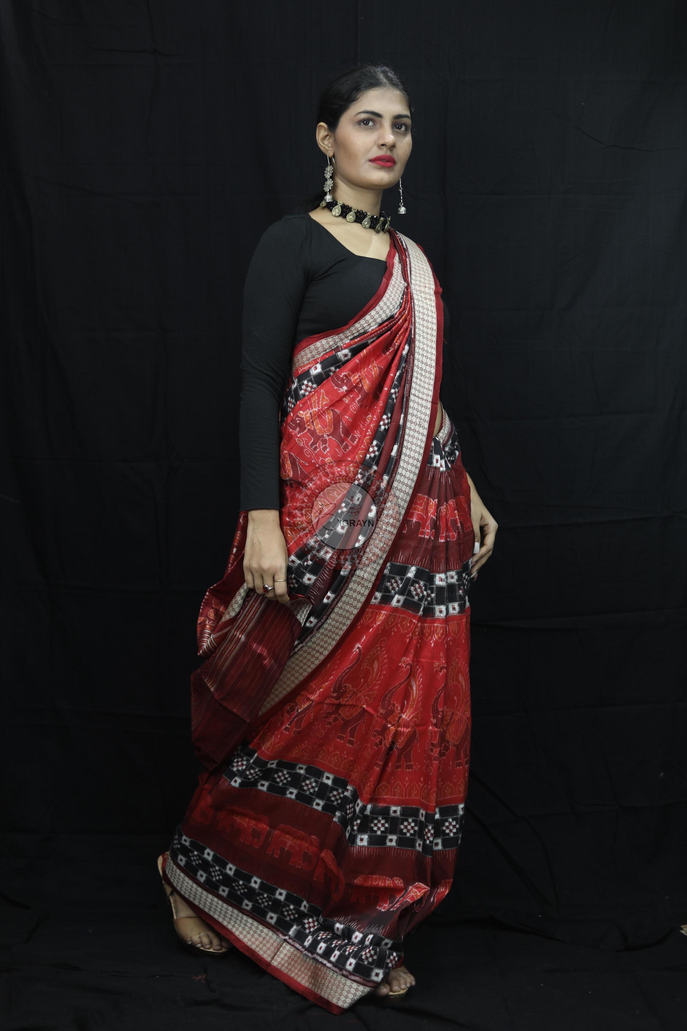 Maroon Pasapali Dual Elephants Sambalpuri Silk Saree