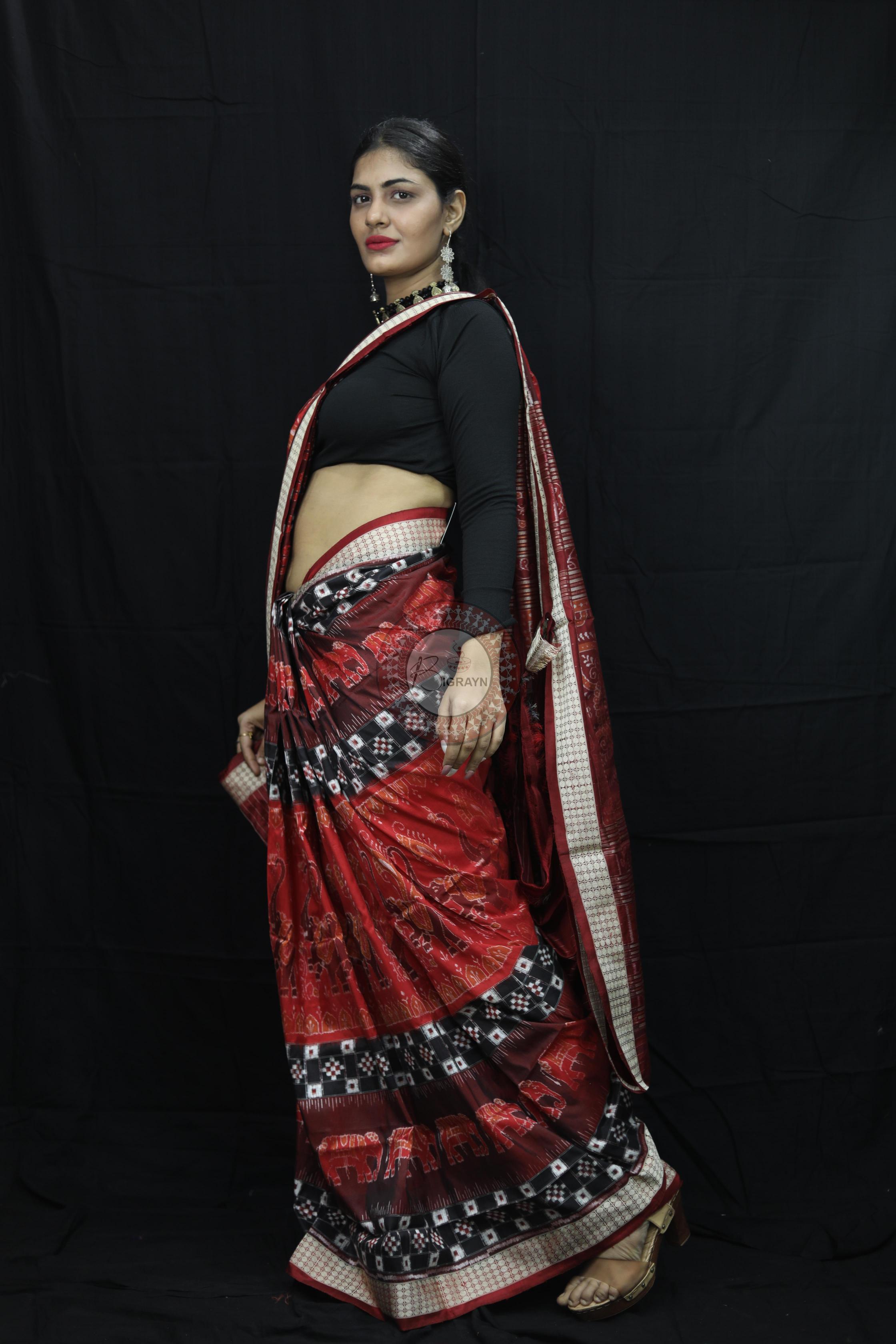 Maroon Pasapali Dual Elephants Sambalpuri Silk Saree