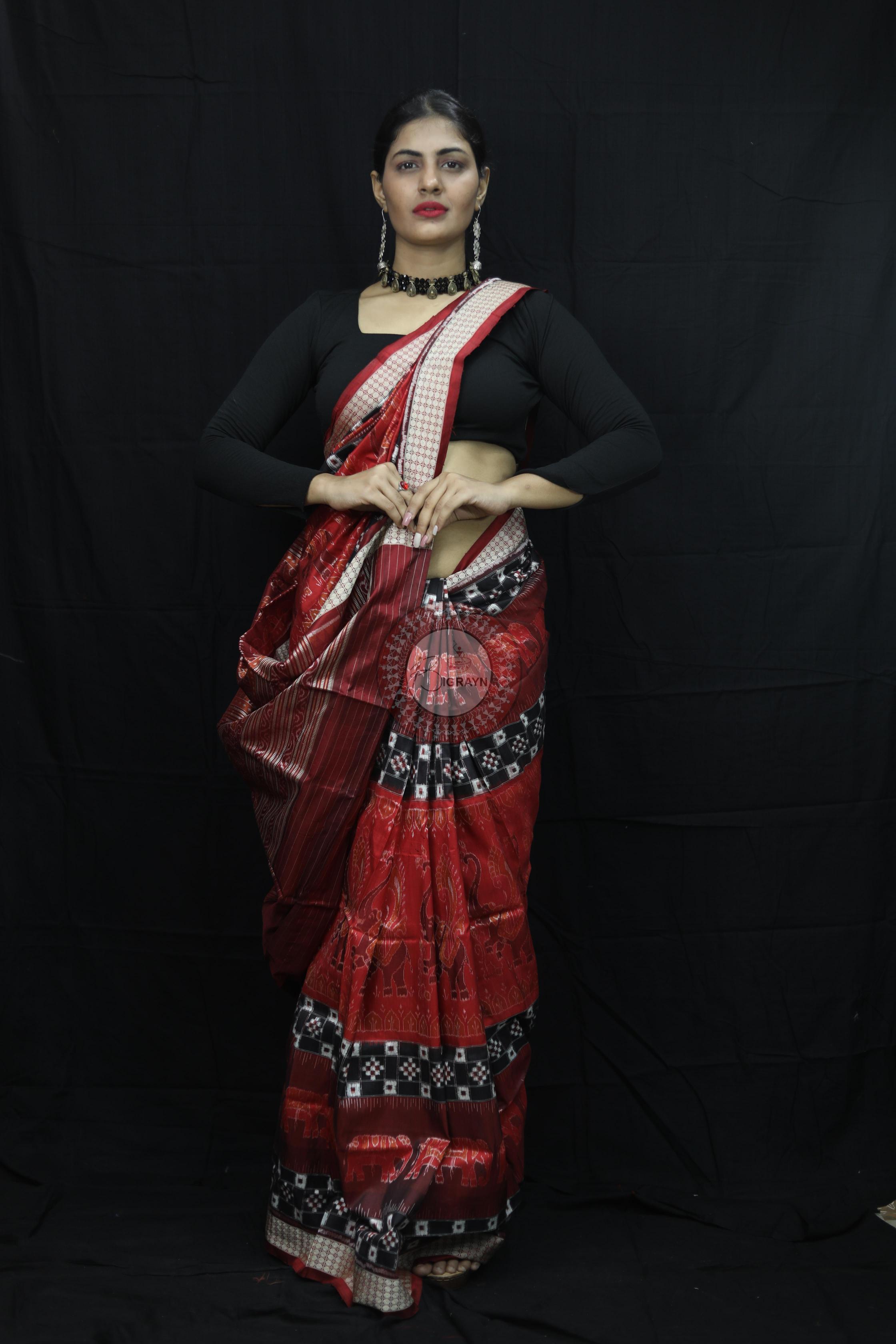 Maroon Pasapali Dual Elephants Sambalpuri Silk Saree