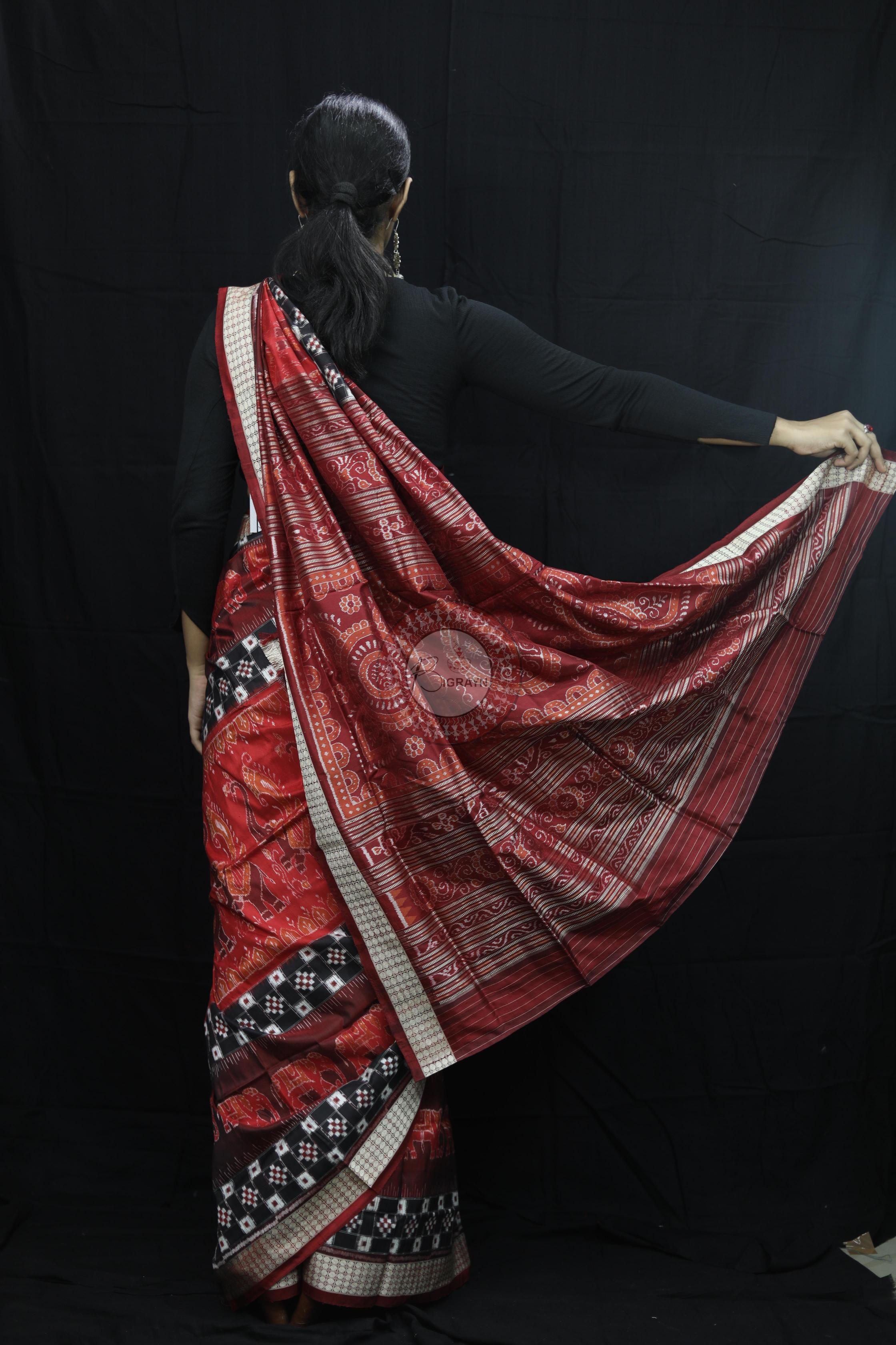 Maroon Pasapali Dual Elephants Sambalpuri Silk Saree