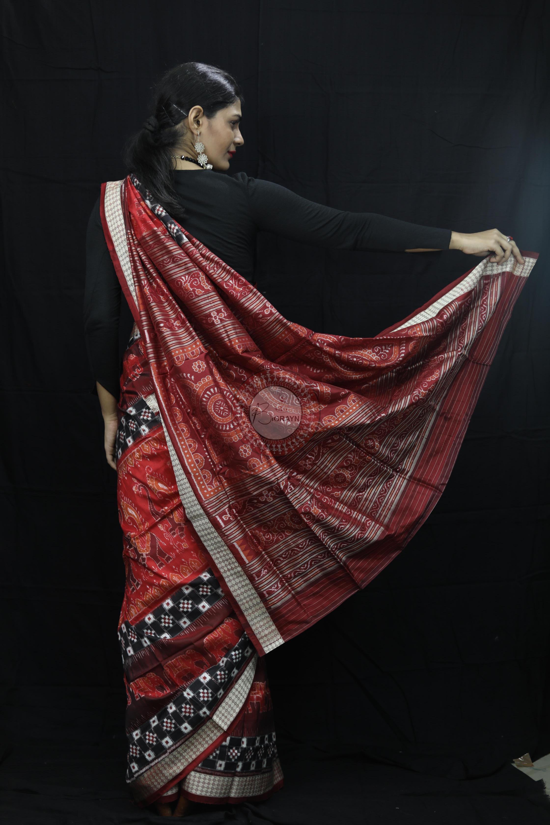 Maroon Pasapali Dual Elephants Sambalpuri Silk Saree