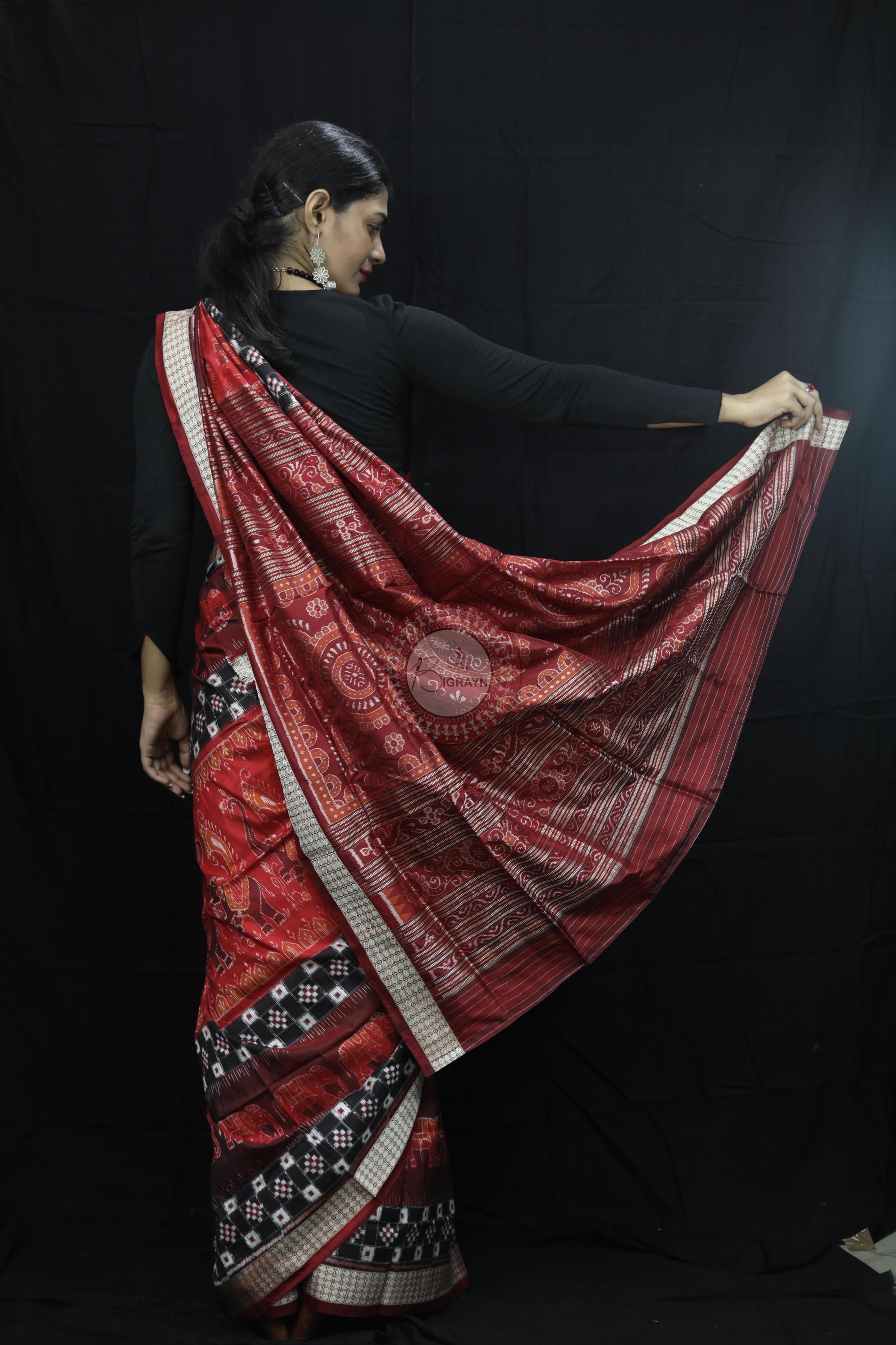Maroon Pasapali Dual Elephants Sambalpuri Silk Saree