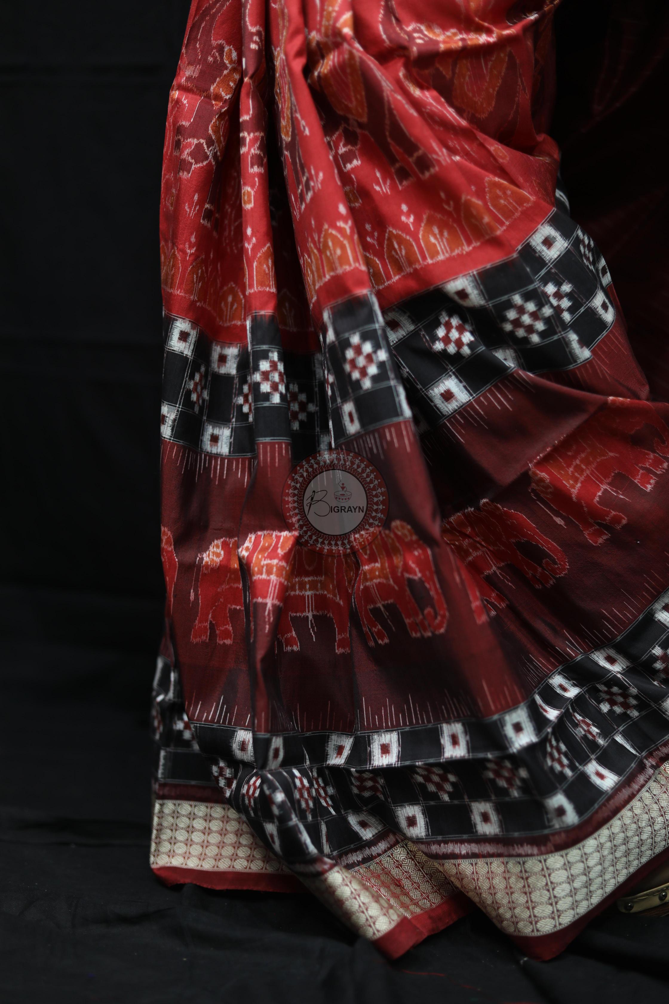 Maroon Pasapali Dual Elephants Sambalpuri Silk Saree