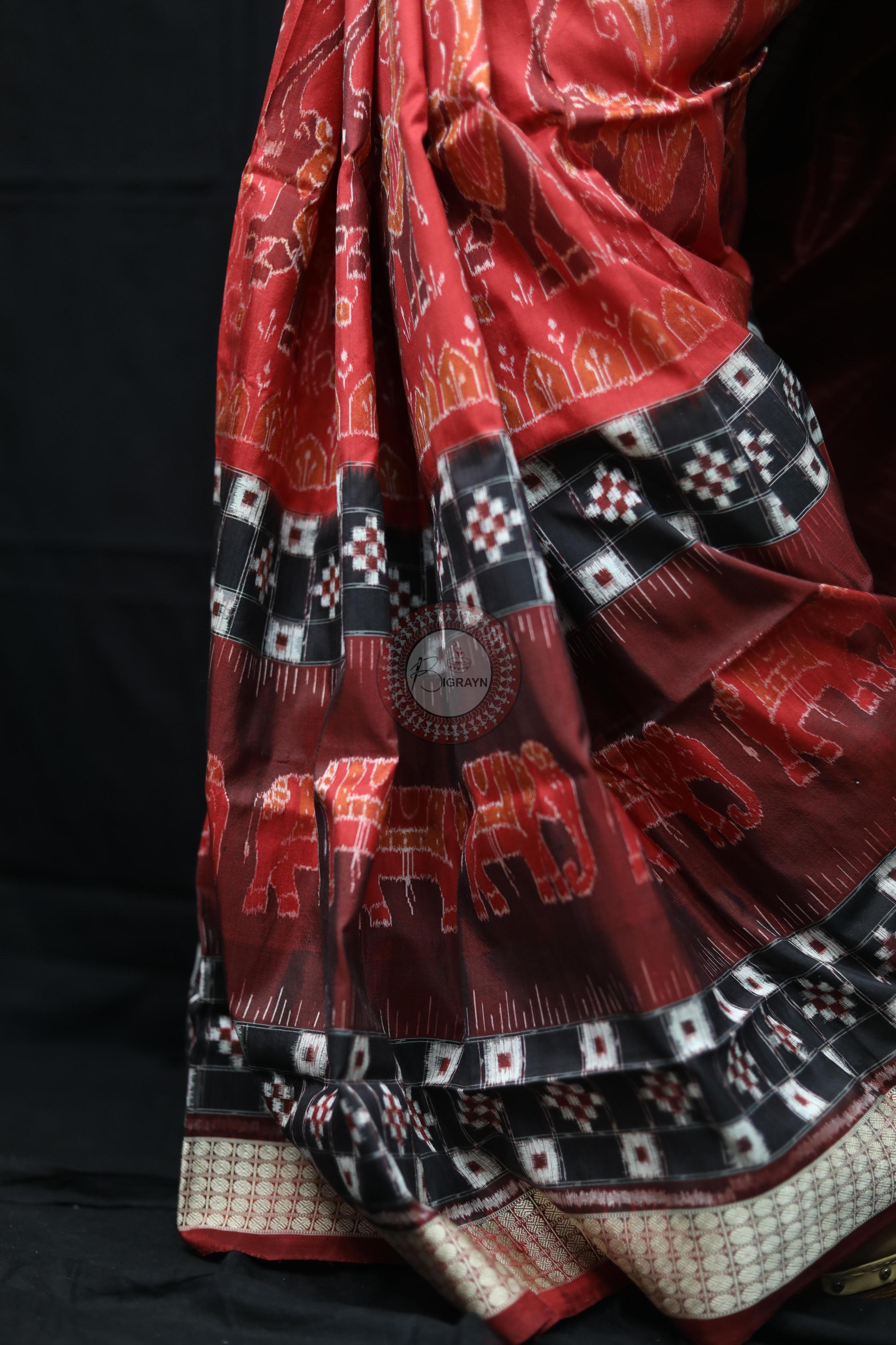 Maroon Pasapali Dual Elephants Sambalpuri Silk Saree
