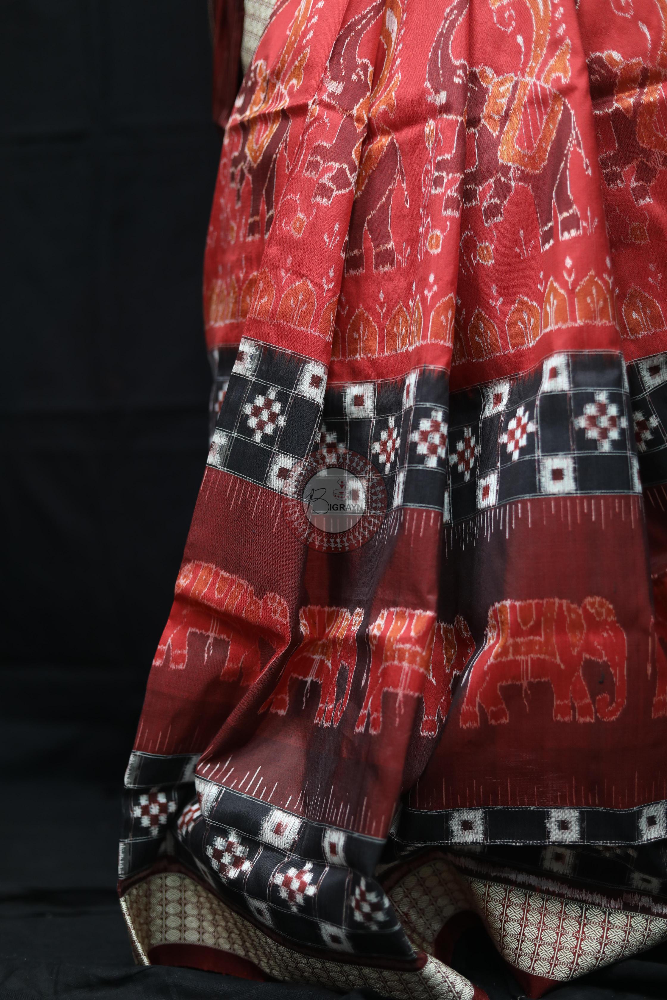 Maroon Pasapali Dual Elephants Sambalpuri Silk Saree