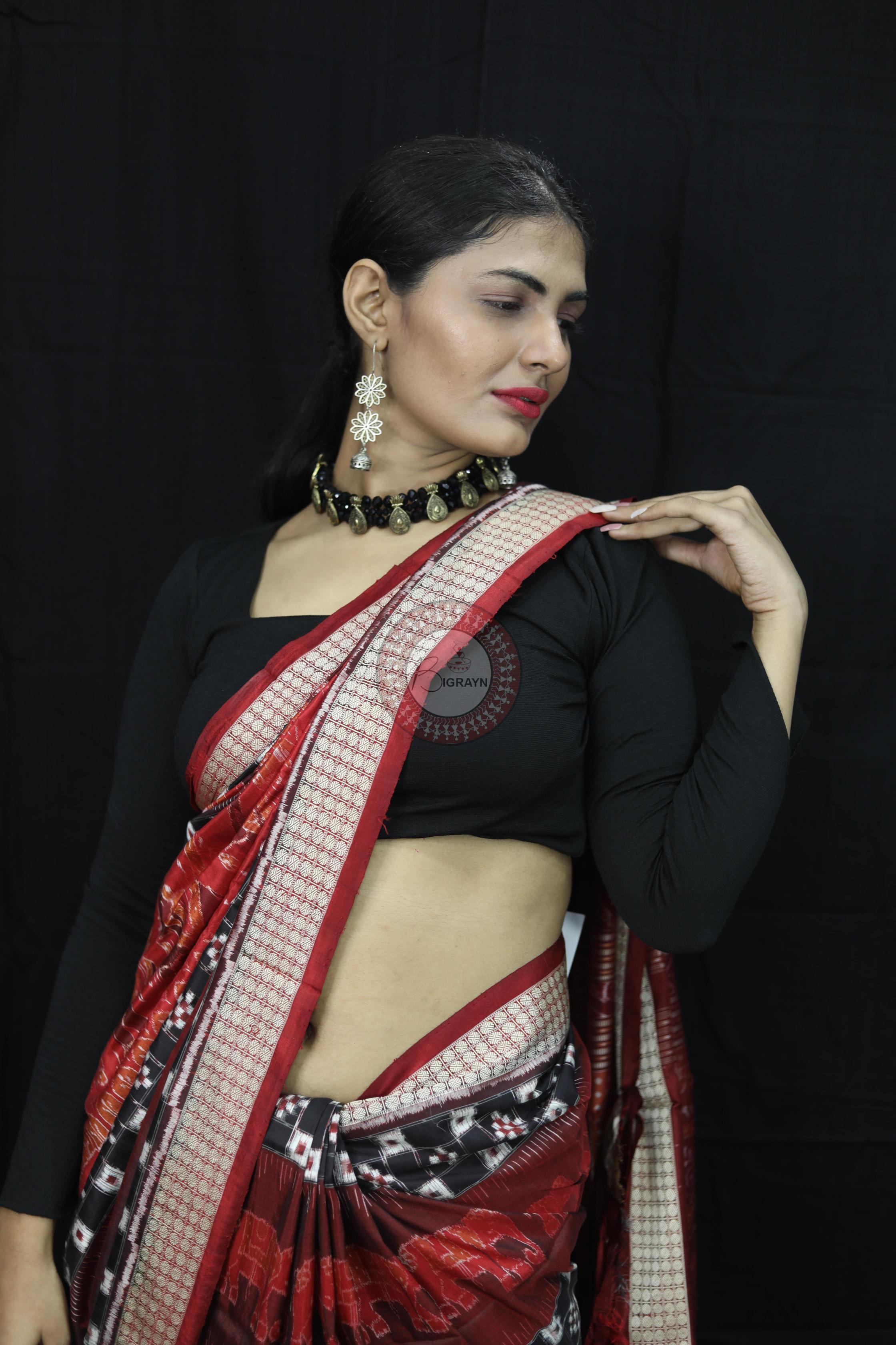 Maroon Pasapali Dual Elephants Sambalpuri Silk Saree