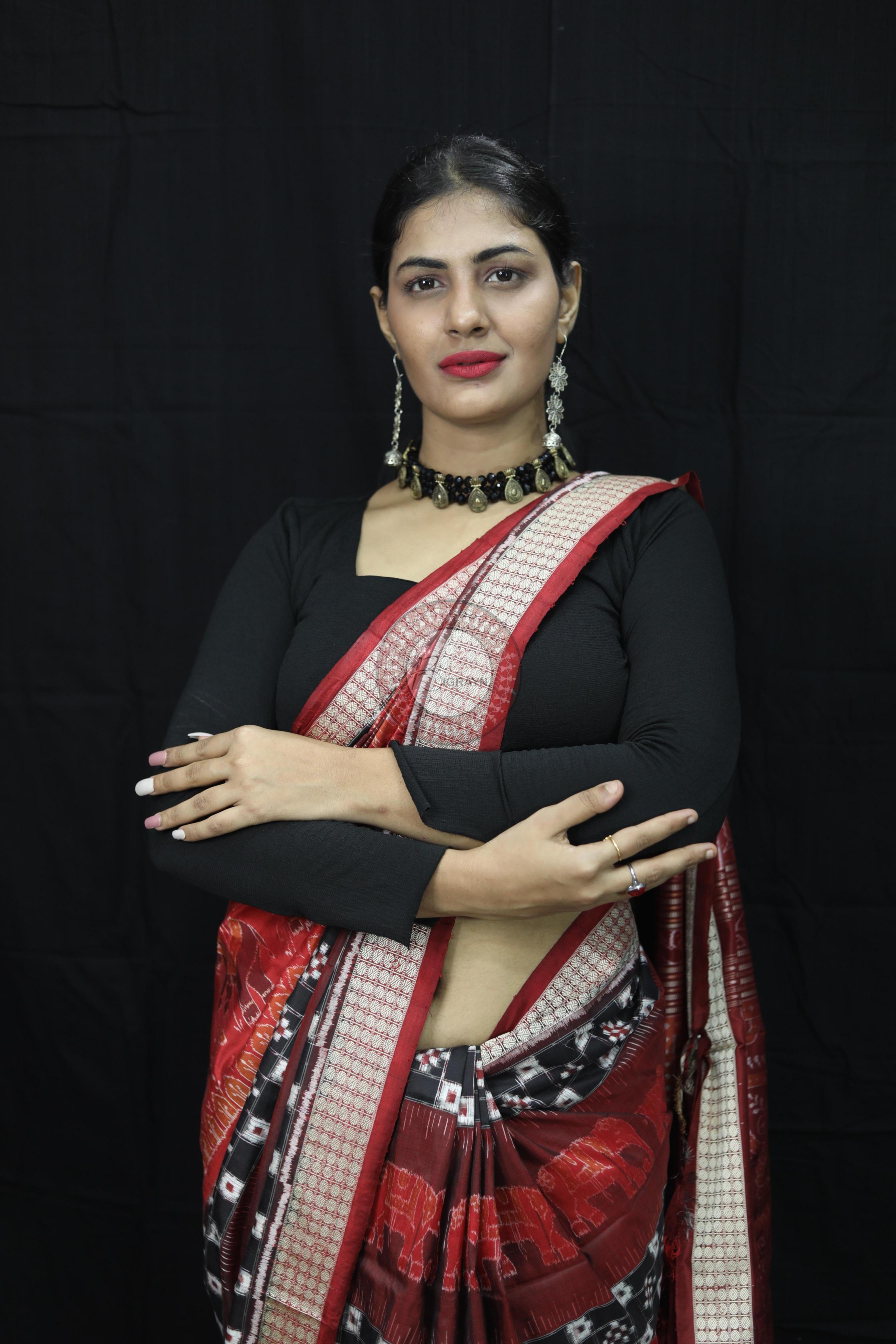 Maroon Pasapali Dual Elephants Sambalpuri Silk Saree