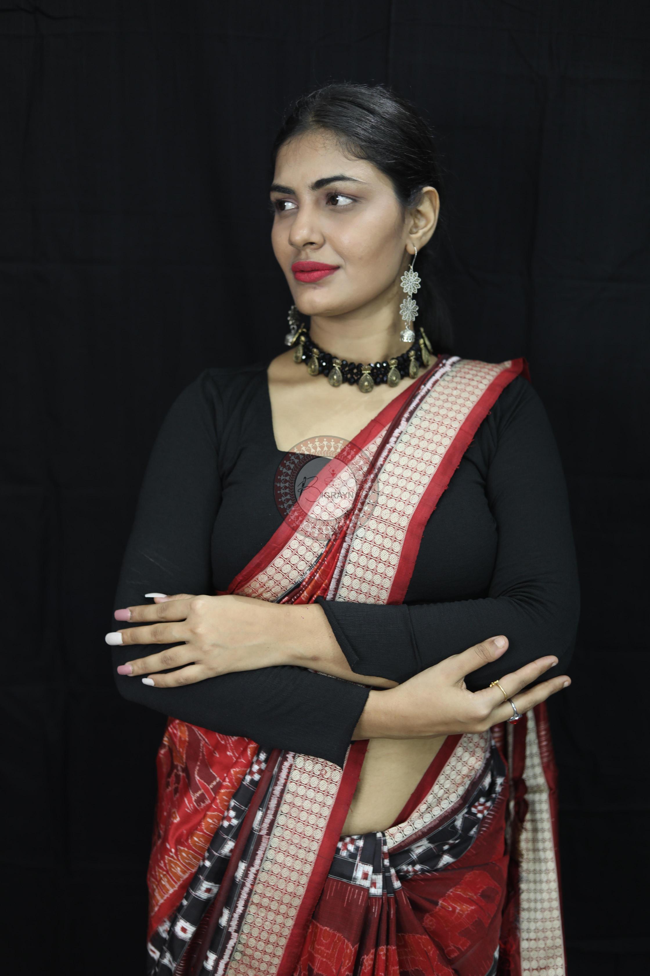 Maroon Pasapali Dual Elephants Sambalpuri Silk Saree