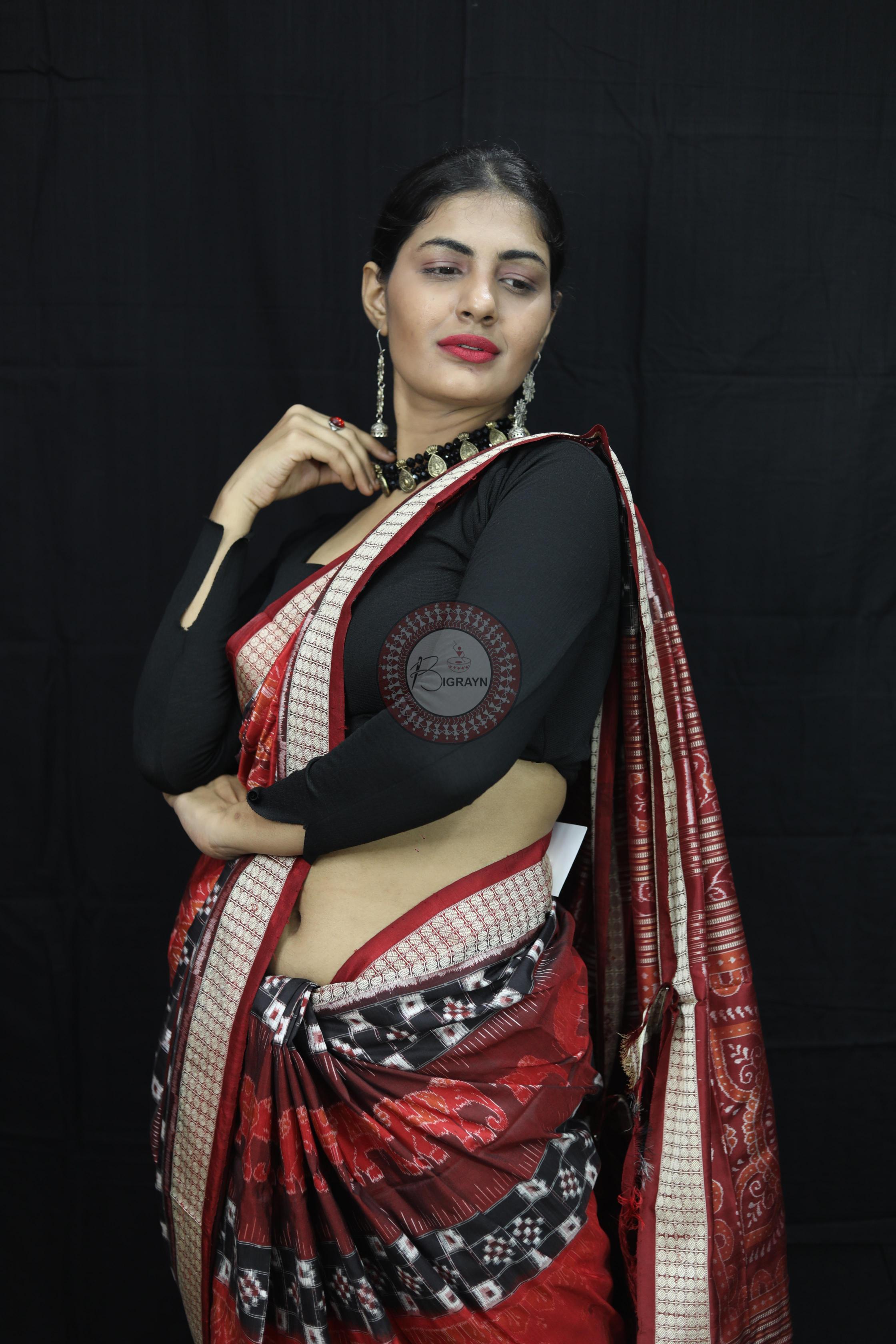 Maroon Pasapali Dual Elephants Sambalpuri Silk Saree