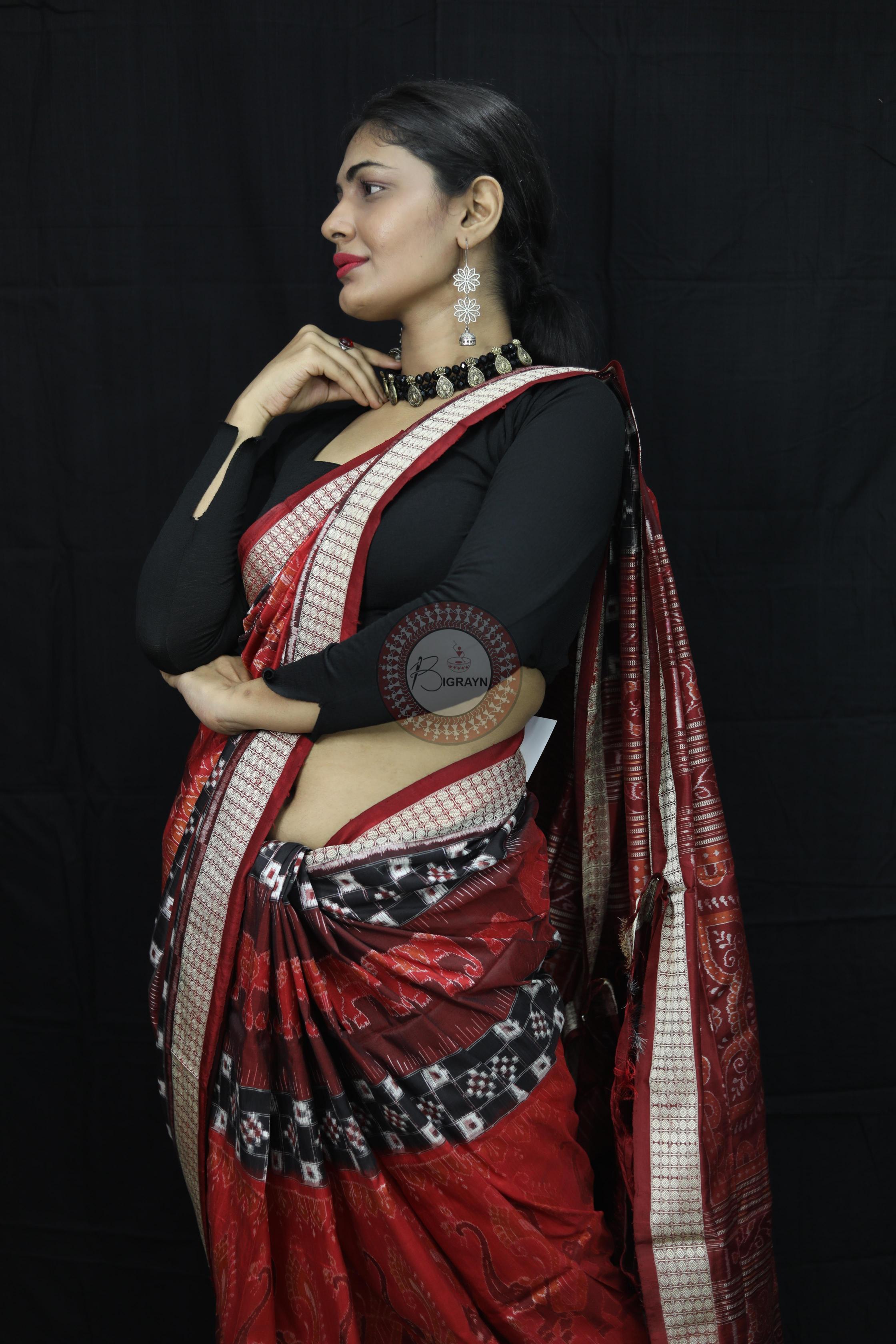Maroon Pasapali Dual Elephants Sambalpuri Silk Saree