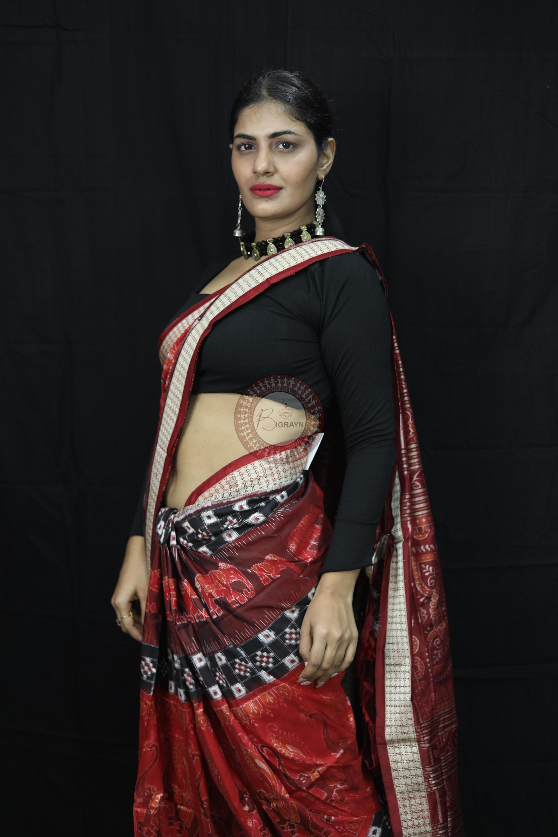 Maroon Pasapali Dual Elephants Sambalpuri Silk Saree