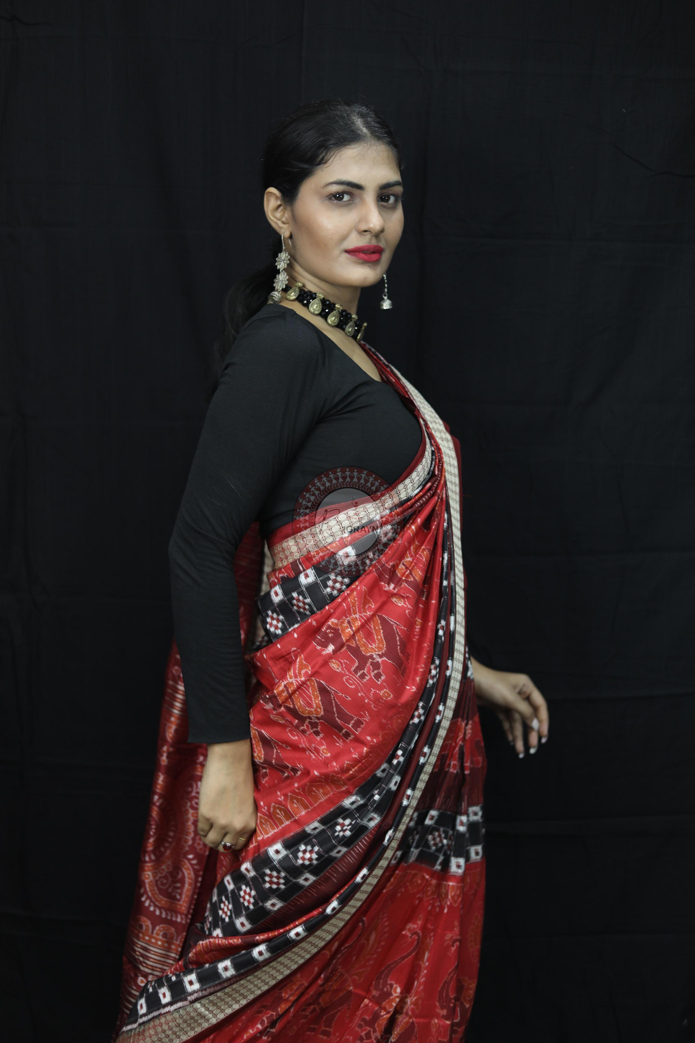 Maroon Pasapali Dual Elephants Sambalpuri Silk Saree