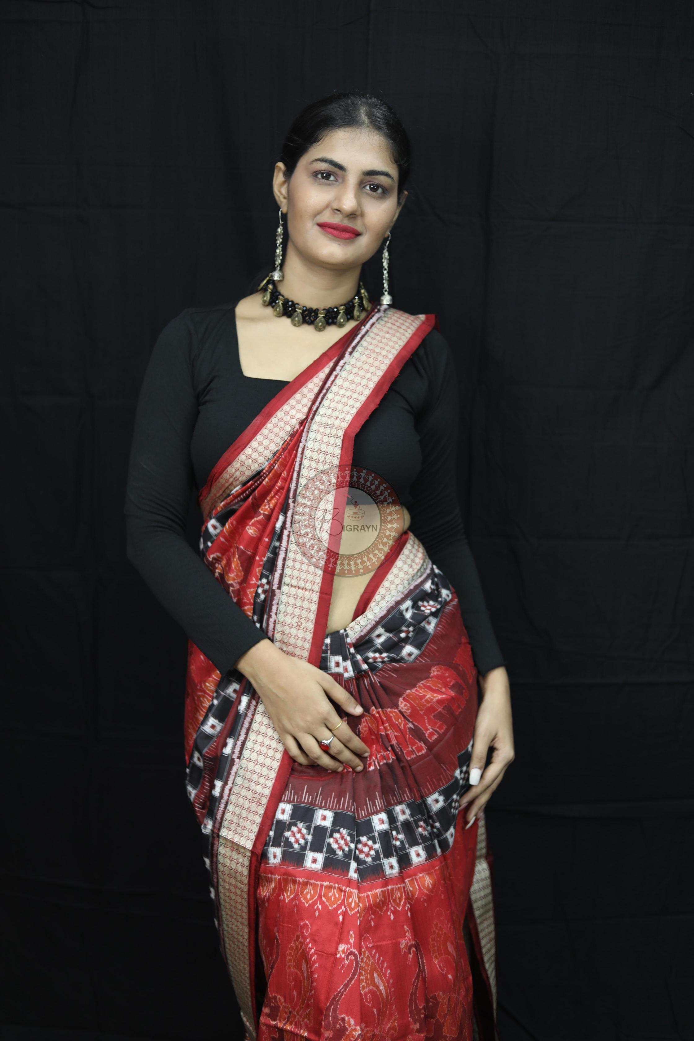Maroon Pasapali Dual Elephants Sambalpuri Silk Saree