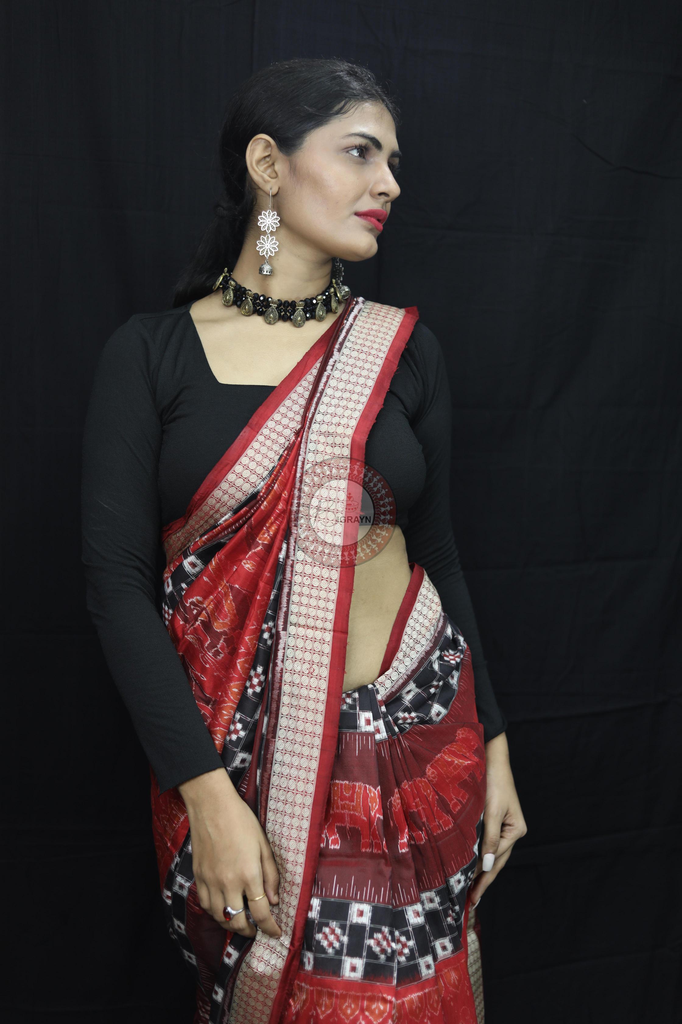 Maroon Pasapali Dual Elephants Sambalpuri Silk Saree