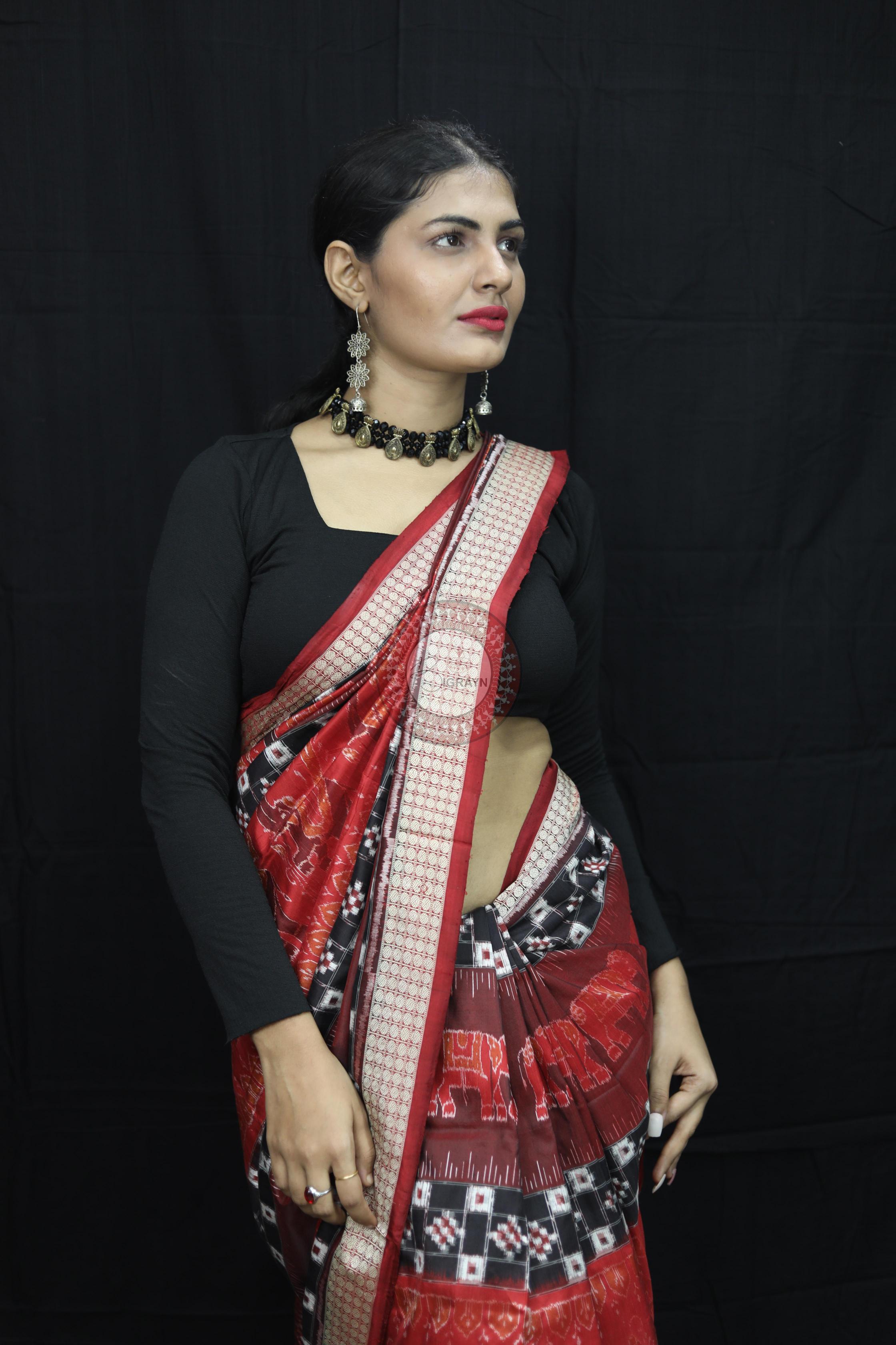 Maroon Pasapali Dual Elephants Sambalpuri Silk Saree