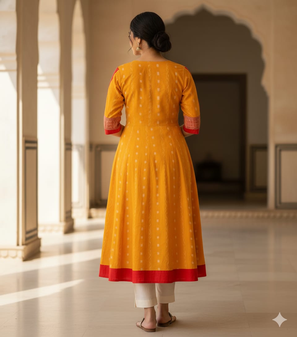Yellow Red Ikat Pasapali And Flower Designer A-Line Anarkali