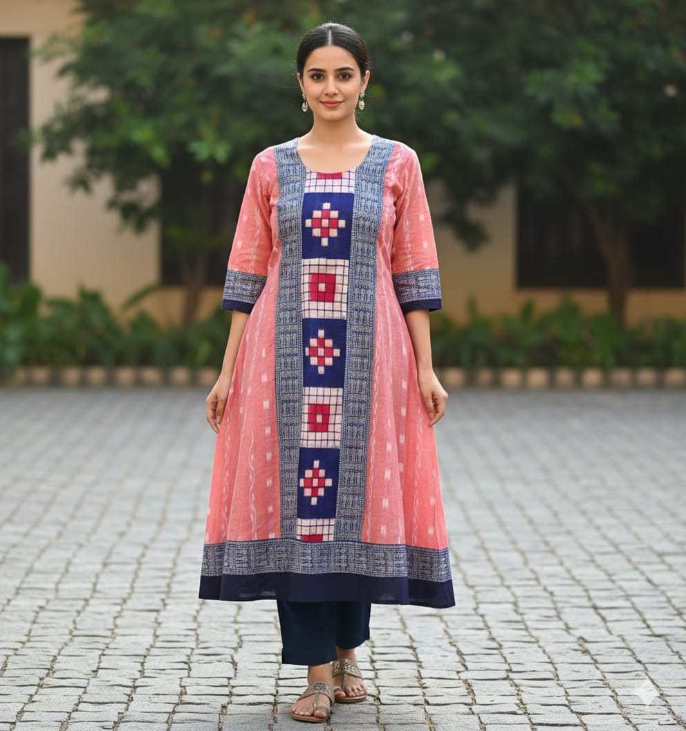 Peach Blue Ikat Pasapali Designer A-Line Anarkali