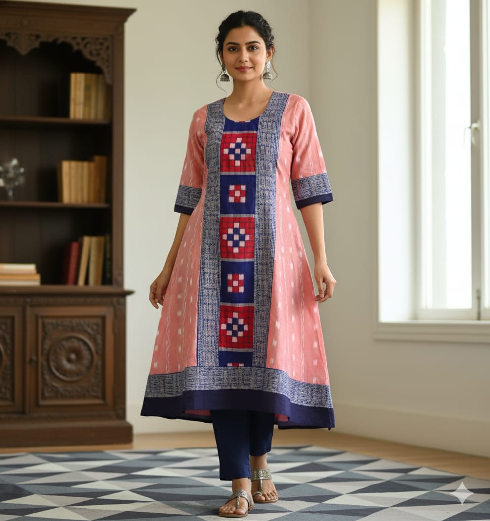 Peach Blue Red Ikat Pasapali Designer A-Line Anarkali