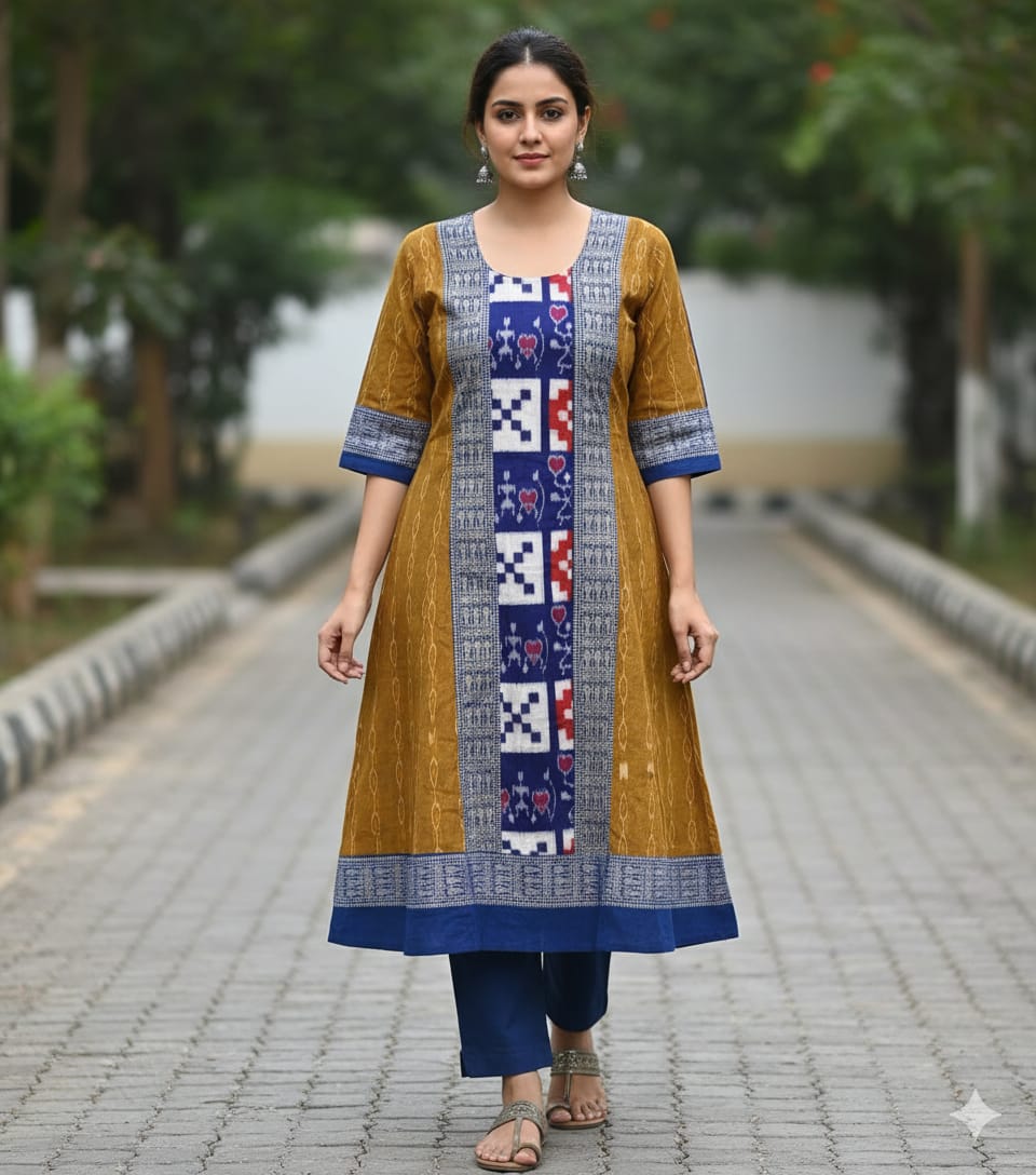 Mustard Yellow Blue Ikat Pasapali Designer A-Line Anarkali