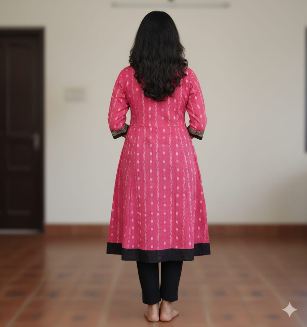 Pink Black Ikat Pasapali & Flower Designer A-Line Anarkali