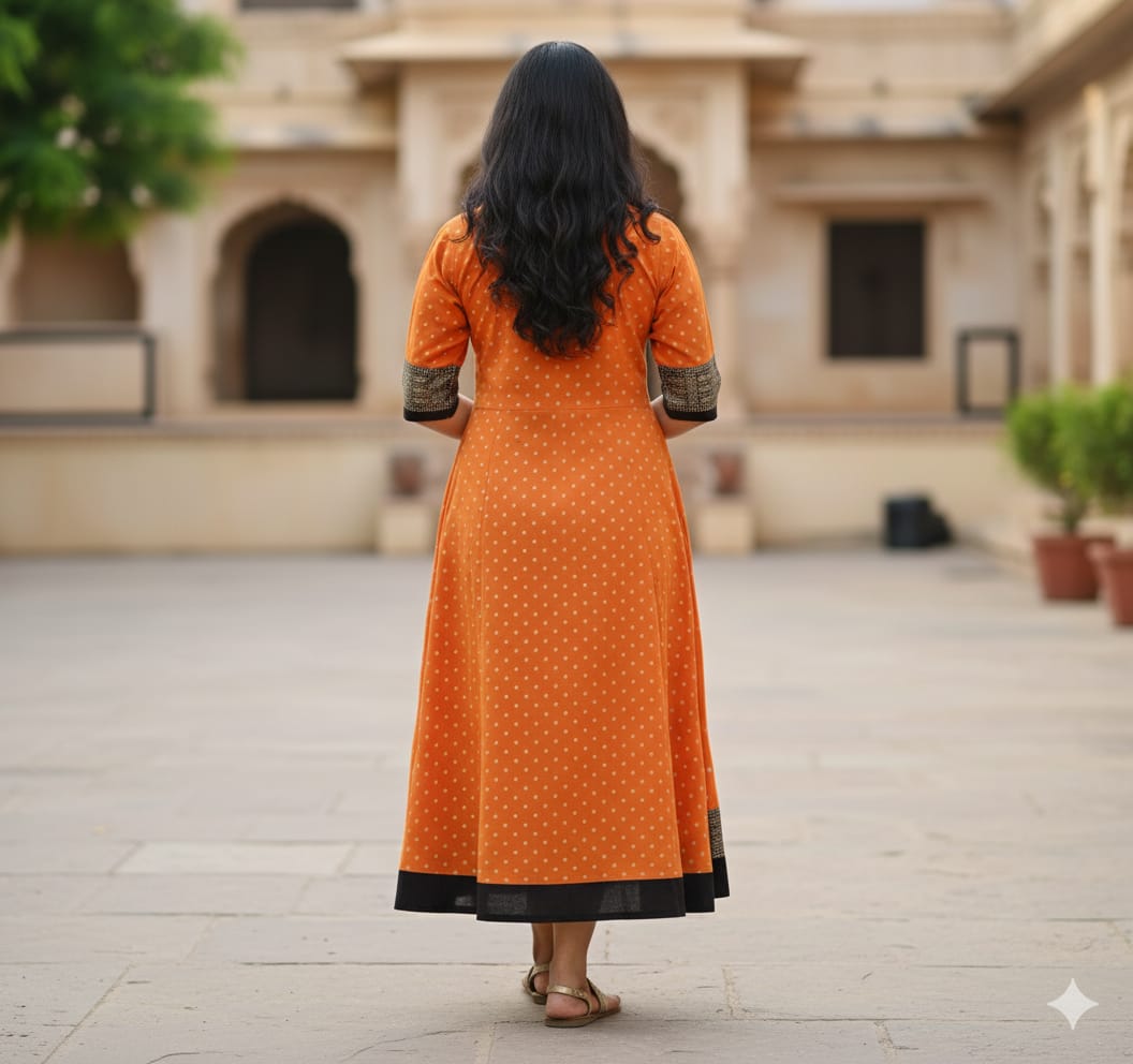 Orange Black Buti Pasapali & Flower Designer A-Line Anarkali