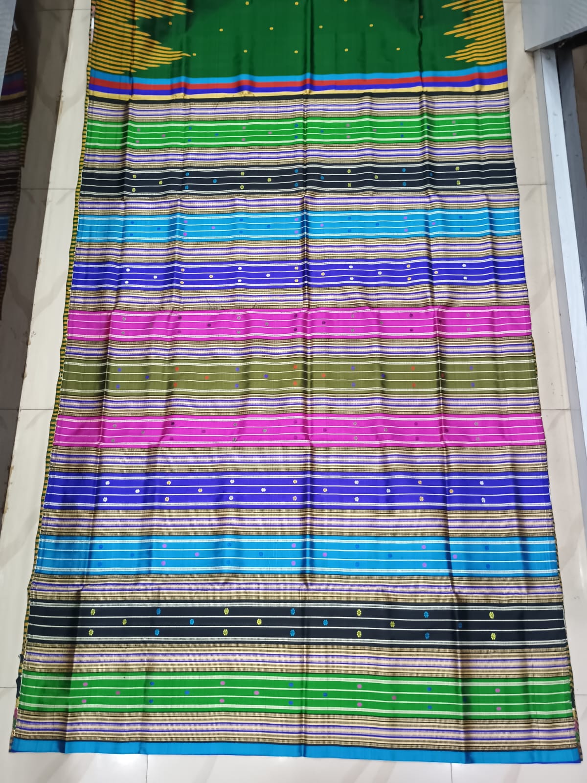 Green Yellow Multi Colour Double Anchal Berhampuri Silk Saree