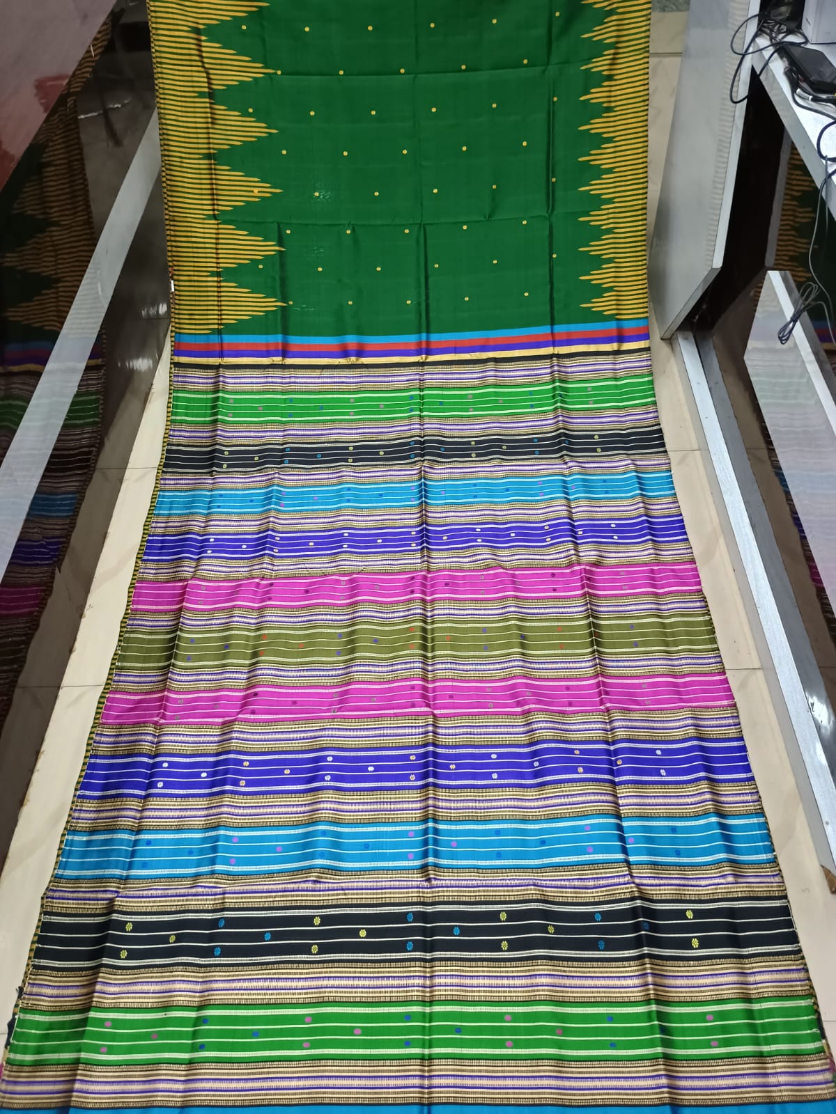 Green Yellow Multi Colour Double Anchal Berhampuri Silk Saree