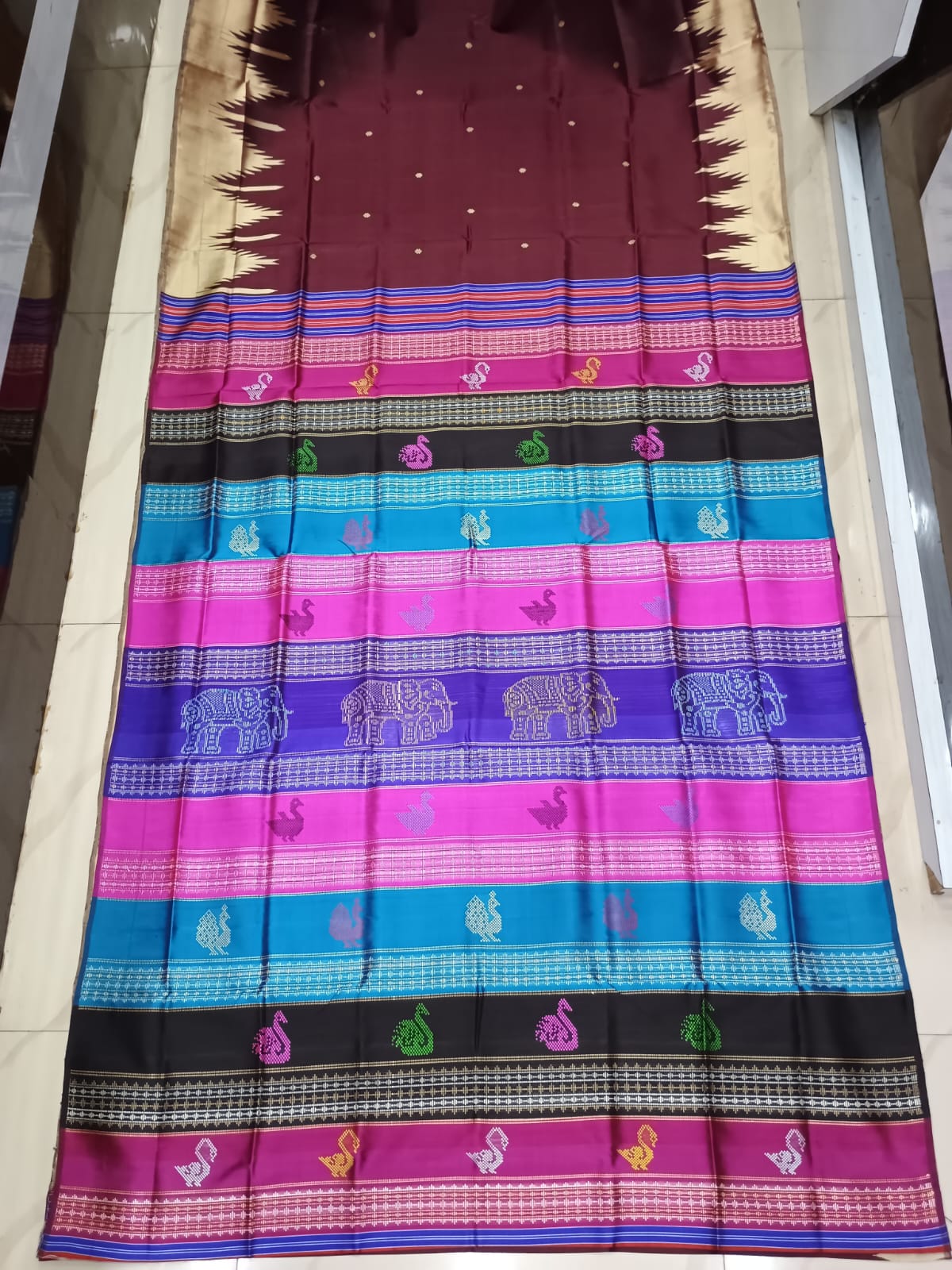 Maroon Off White Multi Colour Double Anchal Berhampuri Silk Saree