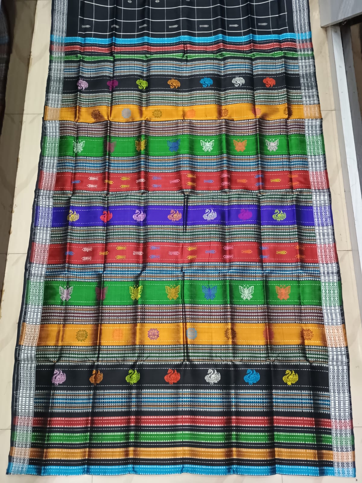 Black Multi Colour Double Anchal Berhampuri Silk Saree