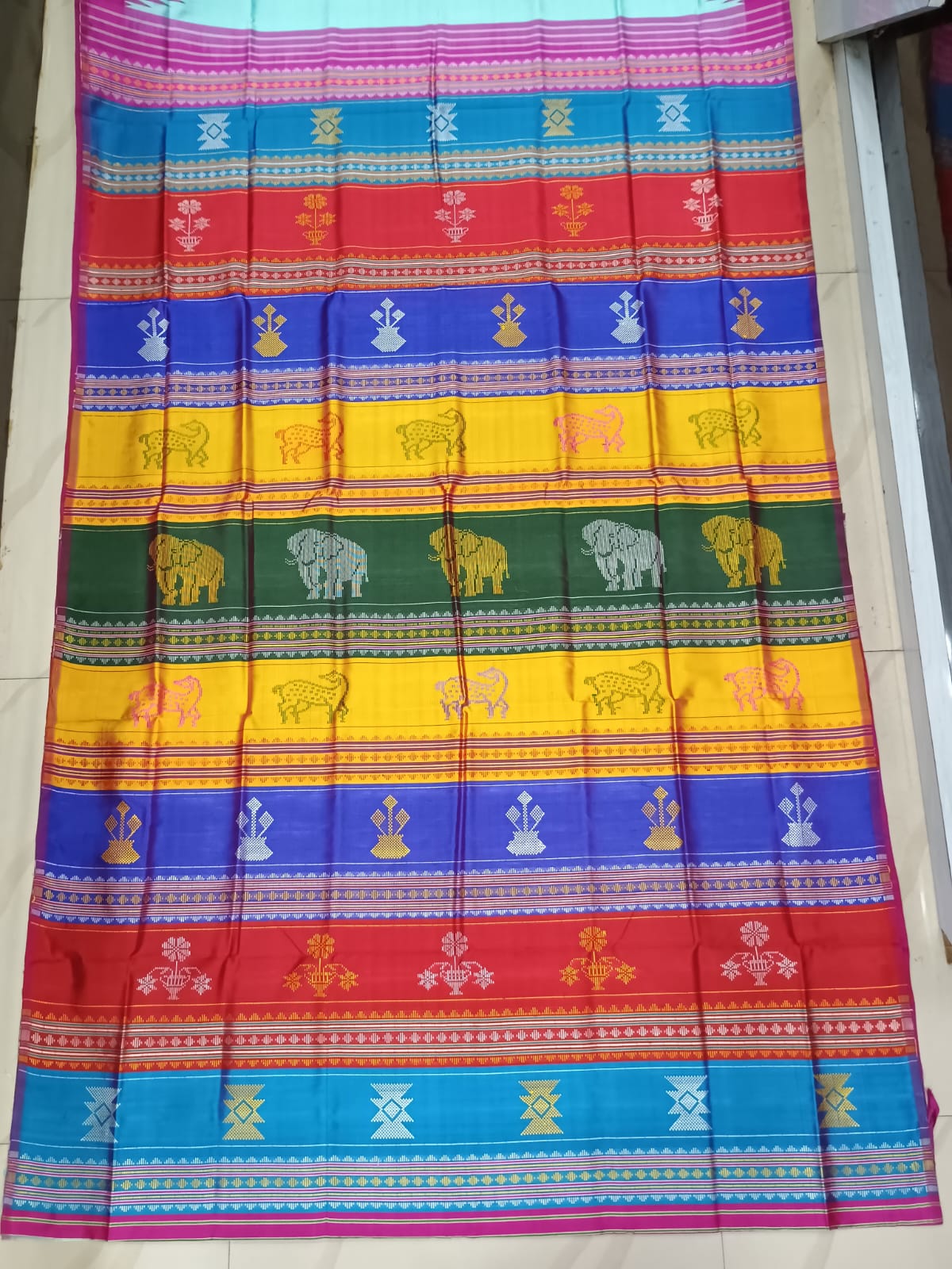 Turquoise Blue Multi Colour Double Anchal Berhampuri Silk Saree