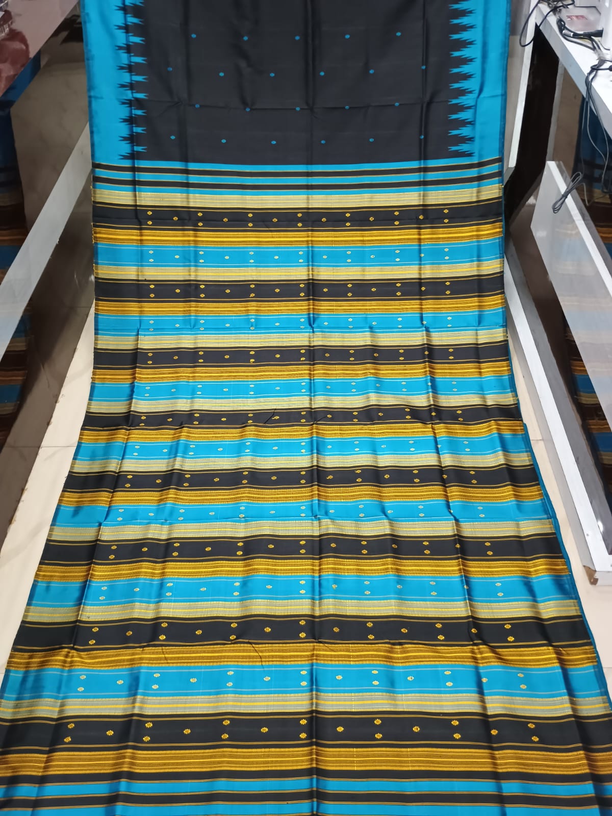 Black Copper Sulphate Multi Colour Double Anchal Berhampuri Silk Saree