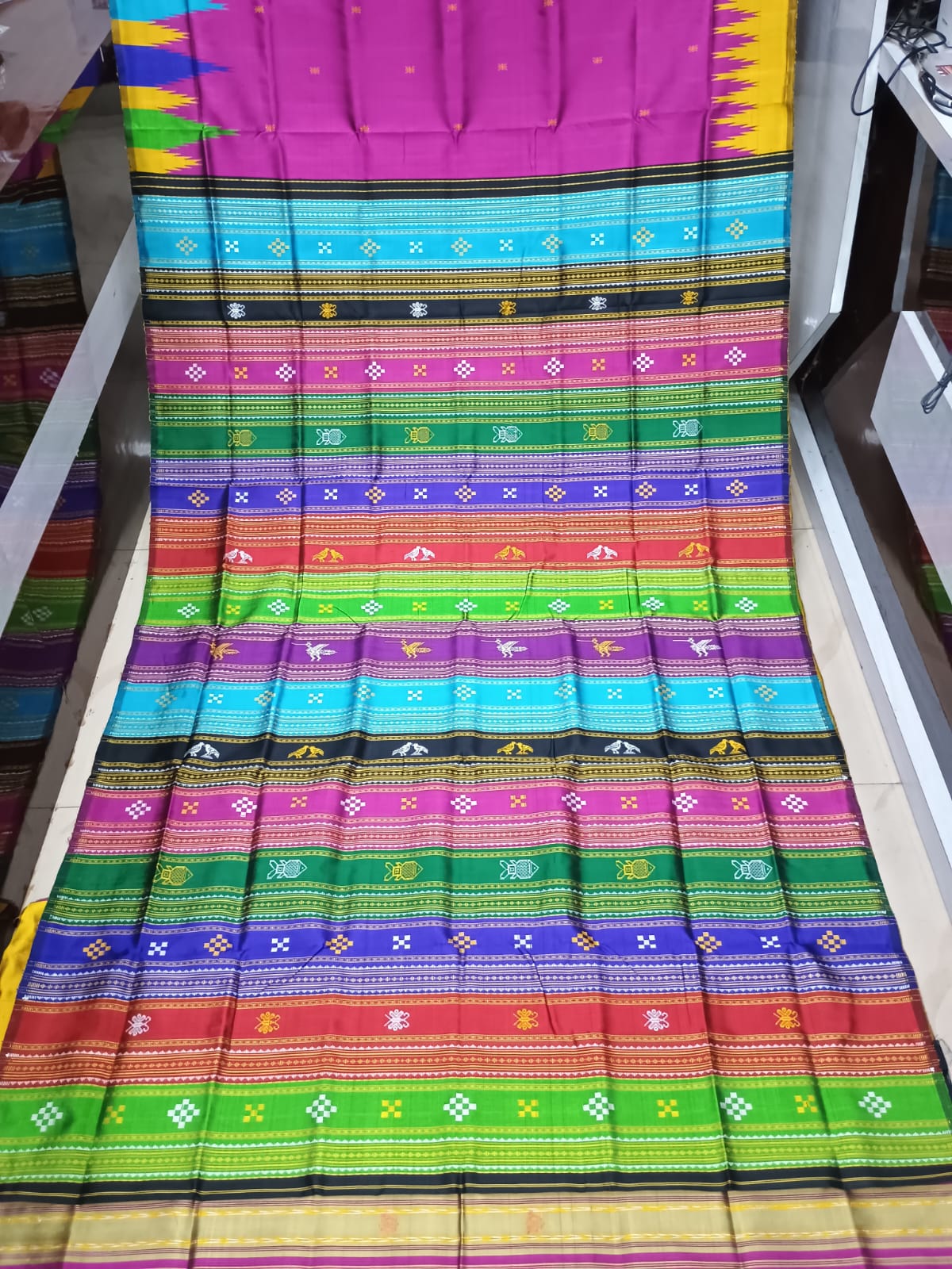 Magenta Multi Colour Kumbha Double Anchal Berhampuri Silk Saree