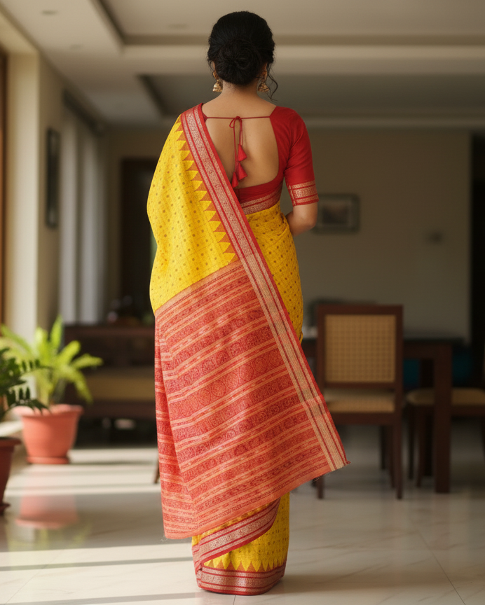 Yellow Red Hazarbuti Tussar Silk Saree