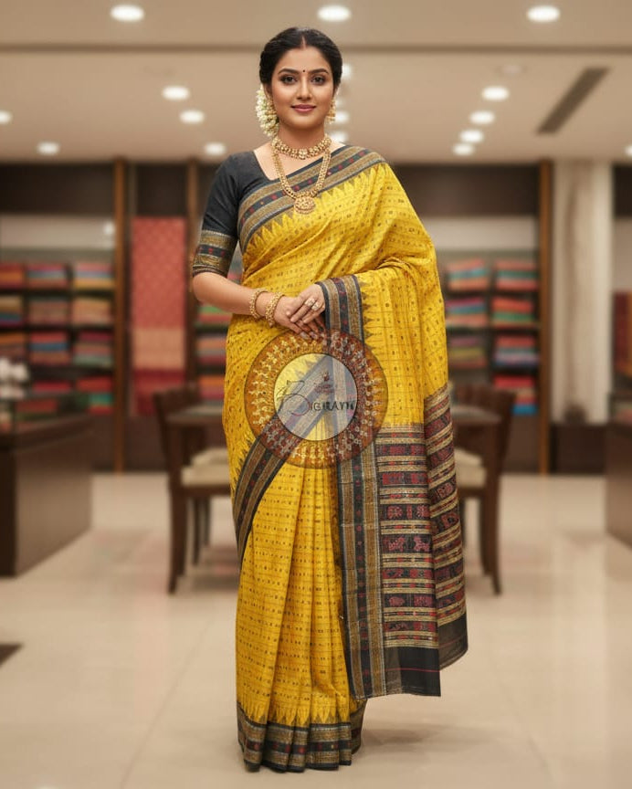 Yellow Black Hazarbuti Tussar Silk Saree