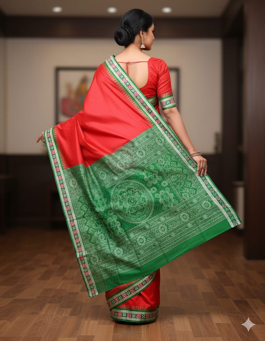 Red Green Sakta Border Odisha Handloom Bomkai Silk Saree
