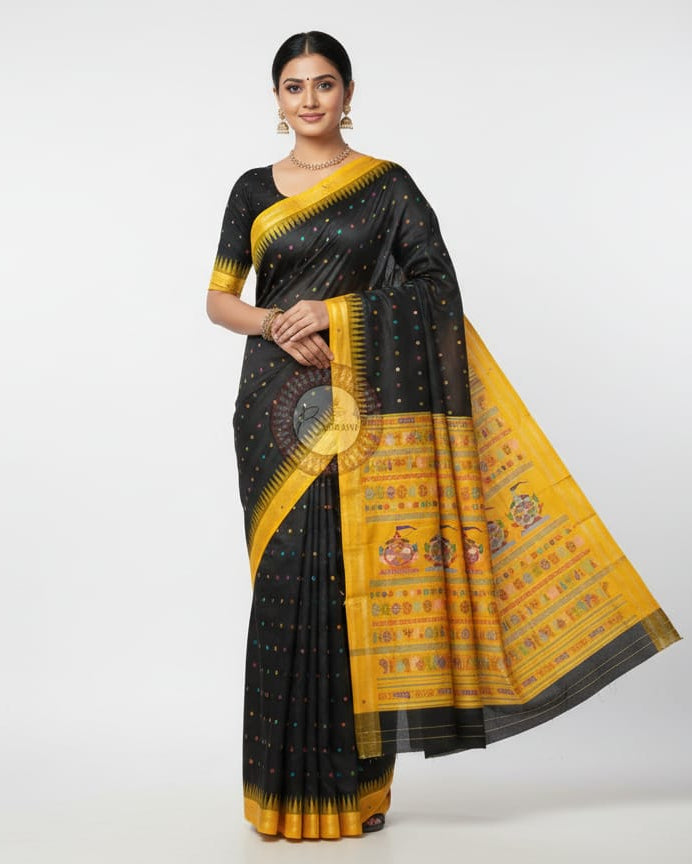 Black Yellow Neela Chakra Sambalpuri Silk Saree