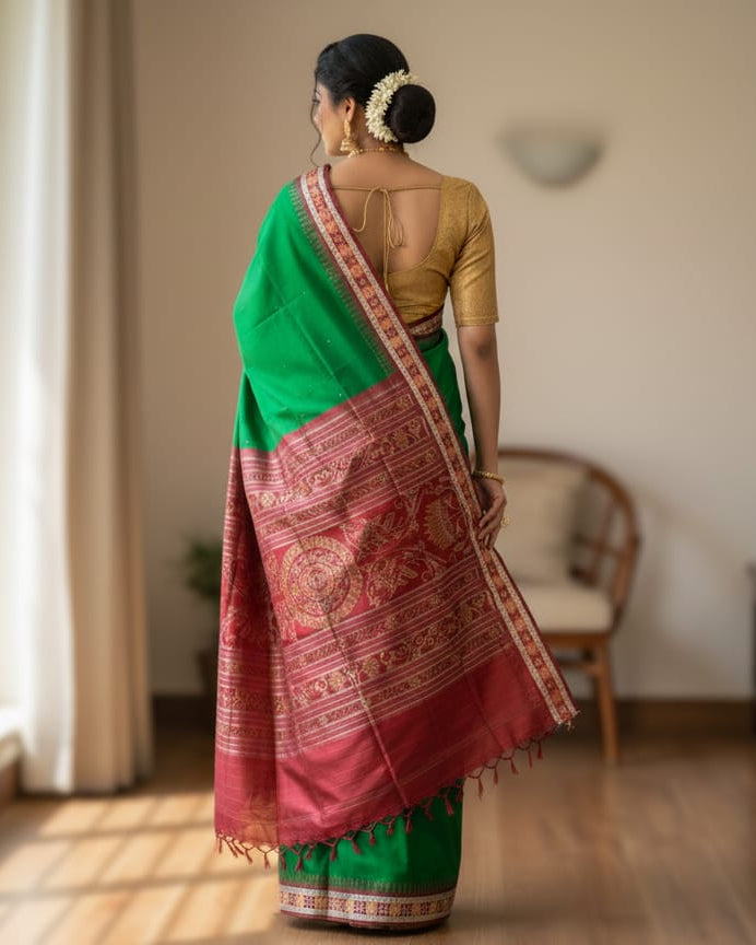 Green Maroon Sakta Border Odisha Handloom Bomkai Silk Saree