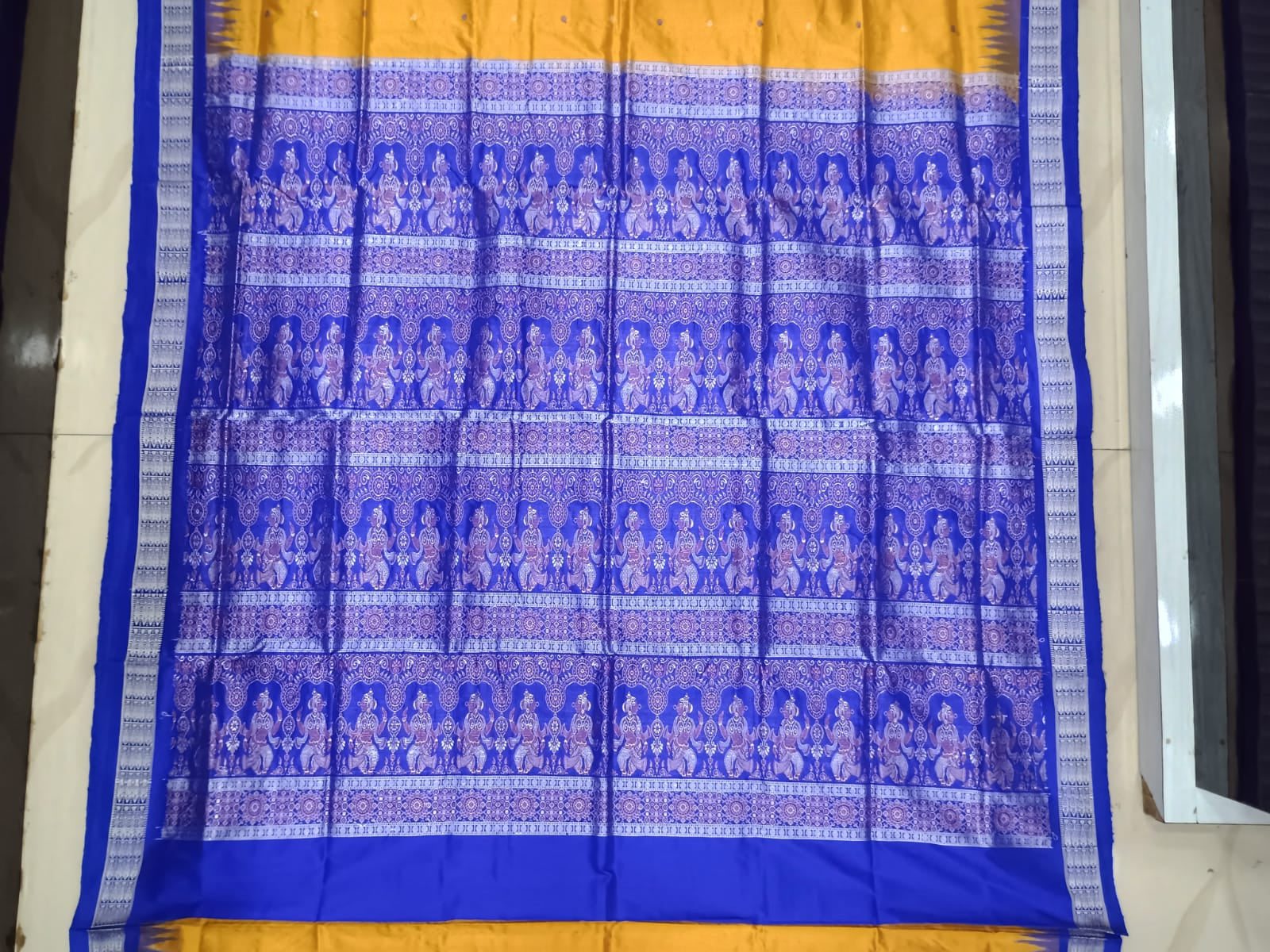 Yellow Blue Fish Buti Bomkai Silk Saree