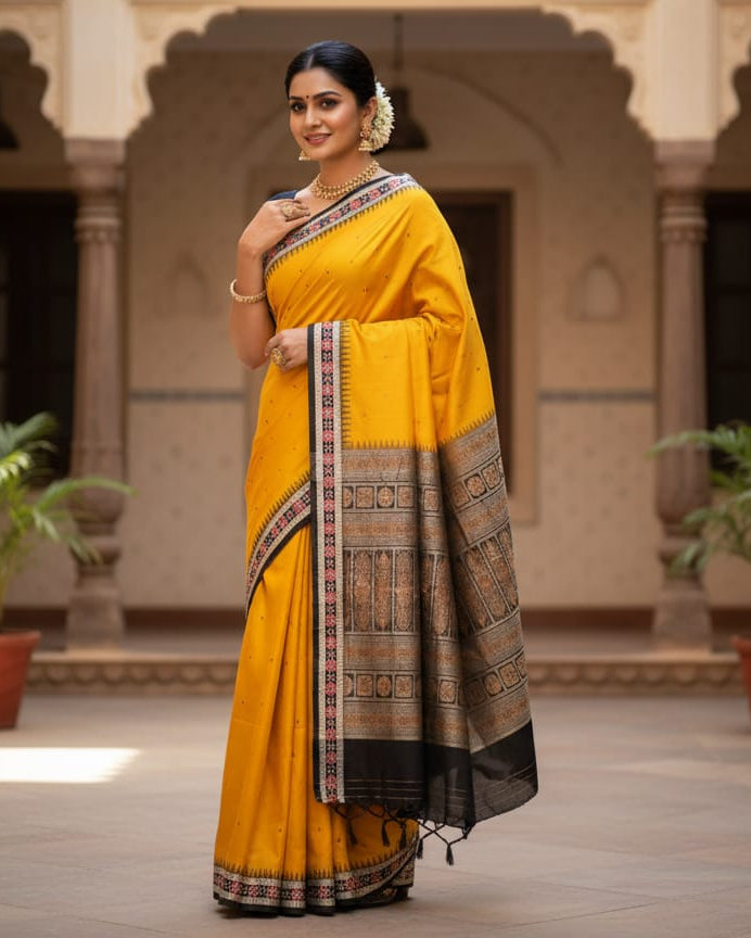 Yellow Black Sakta Border Odisha Handloom Bomkai Silk Saree