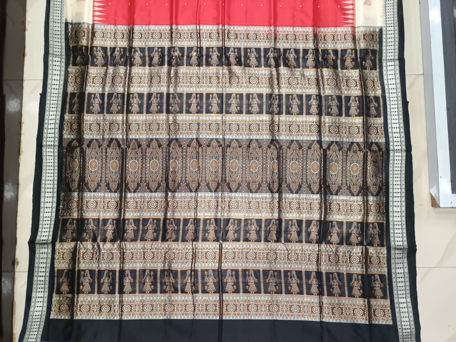 Red Black Buti Bomkai Silk Saree
