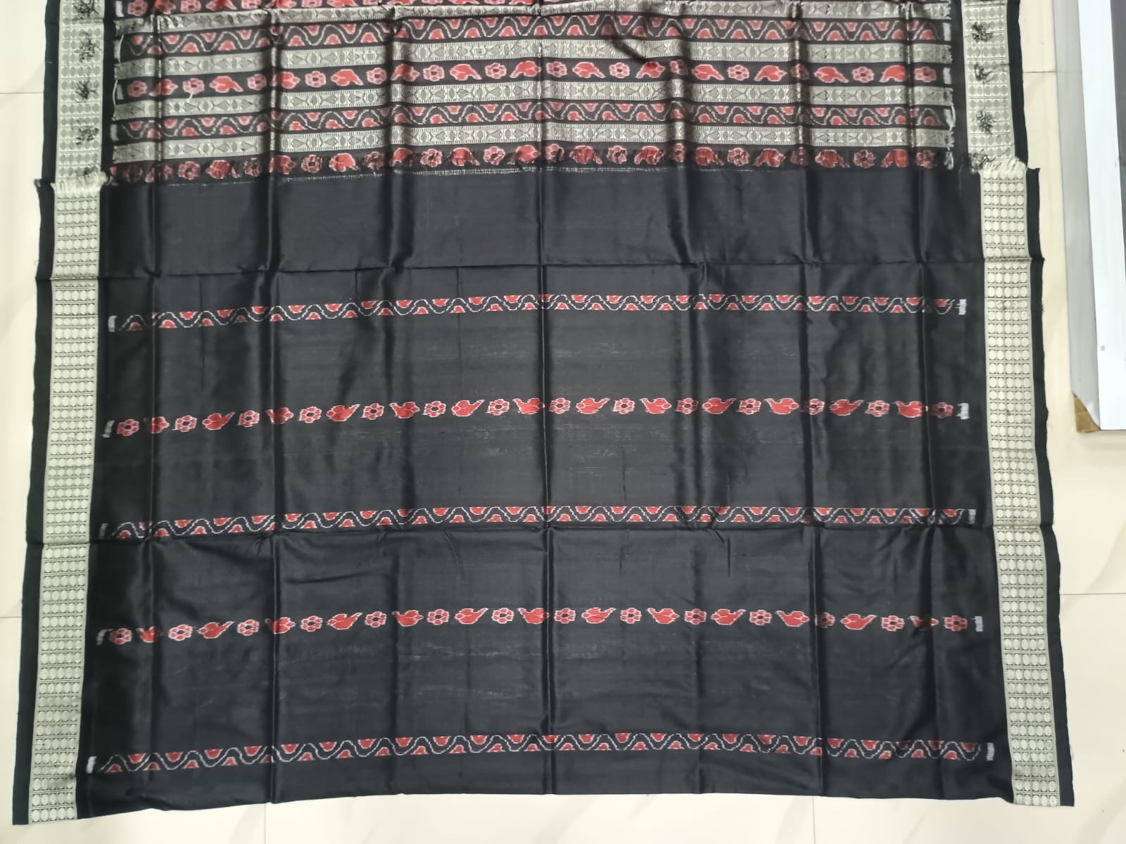 Red Black Buti Bomkai Silk Saree