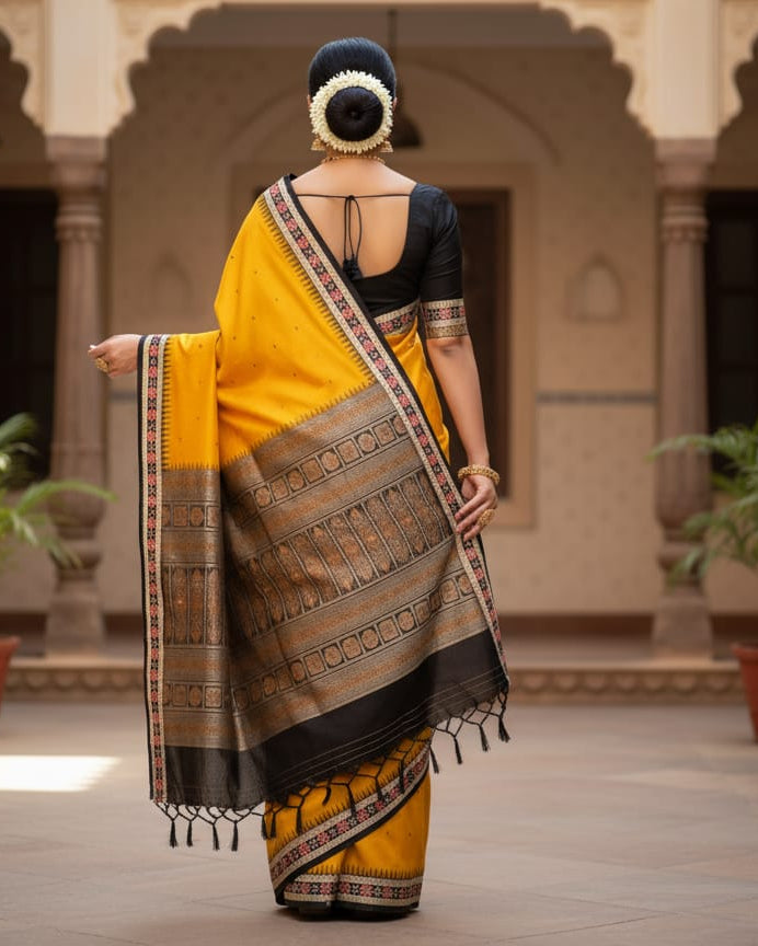Yellow Black Sakta Border Odisha Handloom Bomkai Silk Saree