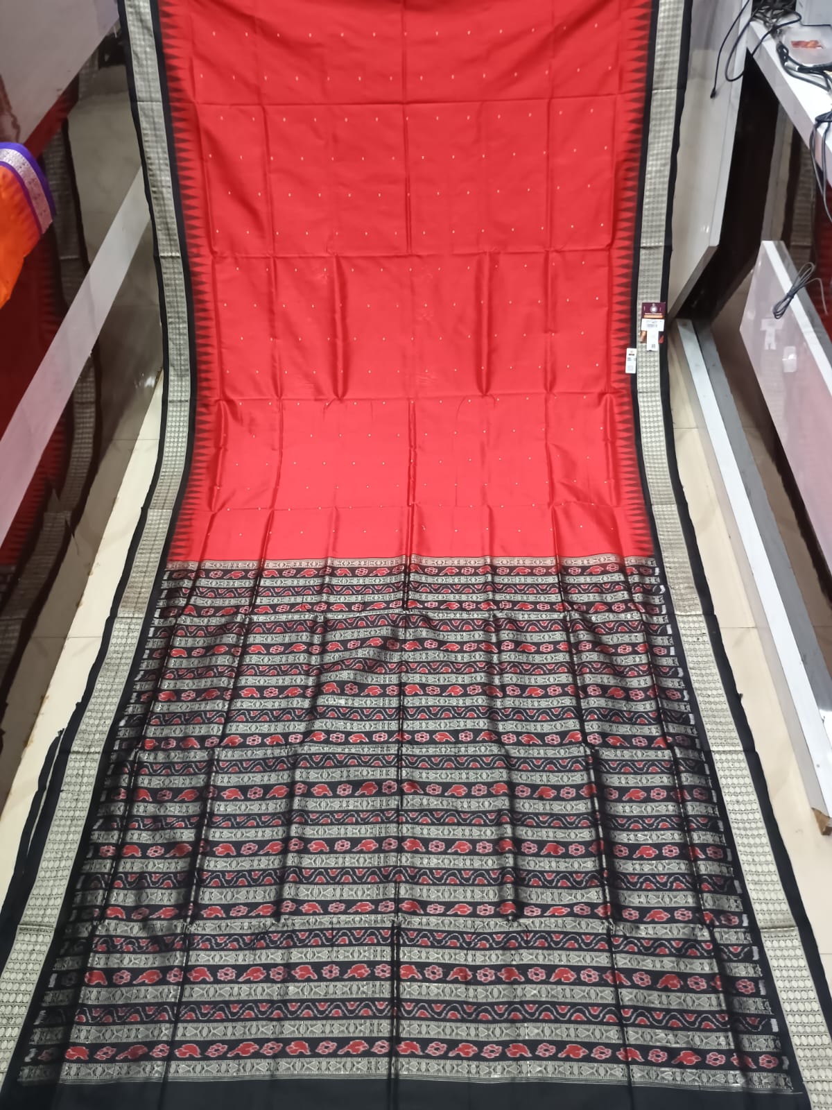 Red Black Buti Bomkai Silk Saree