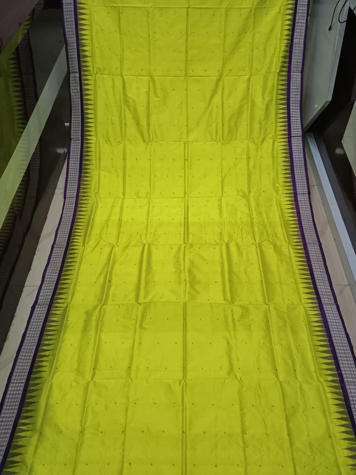 Lemon Green Purple Buti Bomkai Silk Saree